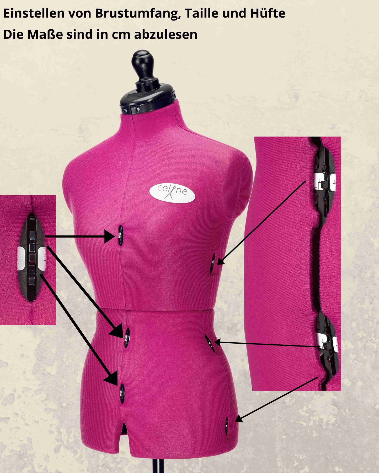 Schneiderpuppe verstellbar Dame | CELINE MULTI | Gr.S/36-44 | 8-teilig | 3-Bein Standfuß | Schutzbezug Retro | komplett einstellbar