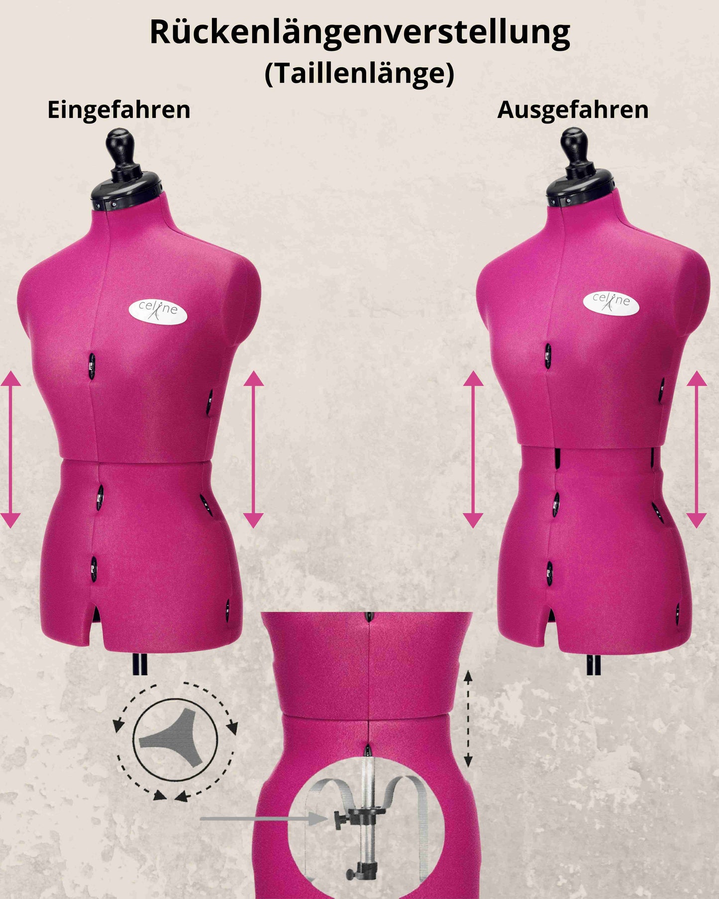 Schneiderpuppe verstellbar Dame | CELINE MULTI | Gr.S/36-44 | 8-teilig | 3-Bein Standfuß | Schutzbezug Retro | komplett einstellbar