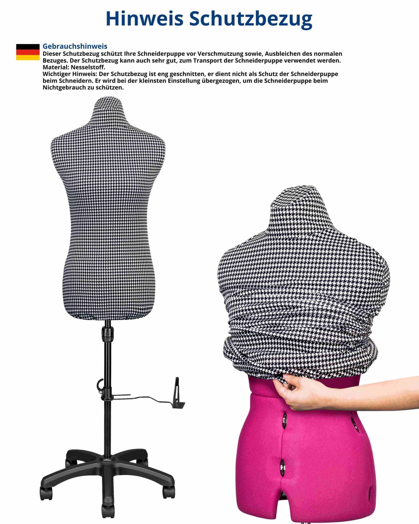 Schneiderpuppe verstellbar Dame | CELINE MULTI | Gr.M/42-50 | 8-teilig | 5-Bein Standfuß m. Rollen | Schutzbezug S/W | komplett einstellbar