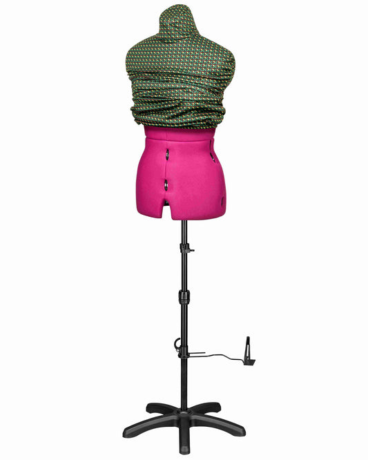 Ansicht der Schneiderpuppe verstellbar CELINE MULTI, (Farbe Fuchsia) komplett mit 5-Bein Standfuß, von vorne Seitenansicht, Rückenlängenverstellung geschlossen, mit Schutzbezug im Retro Design