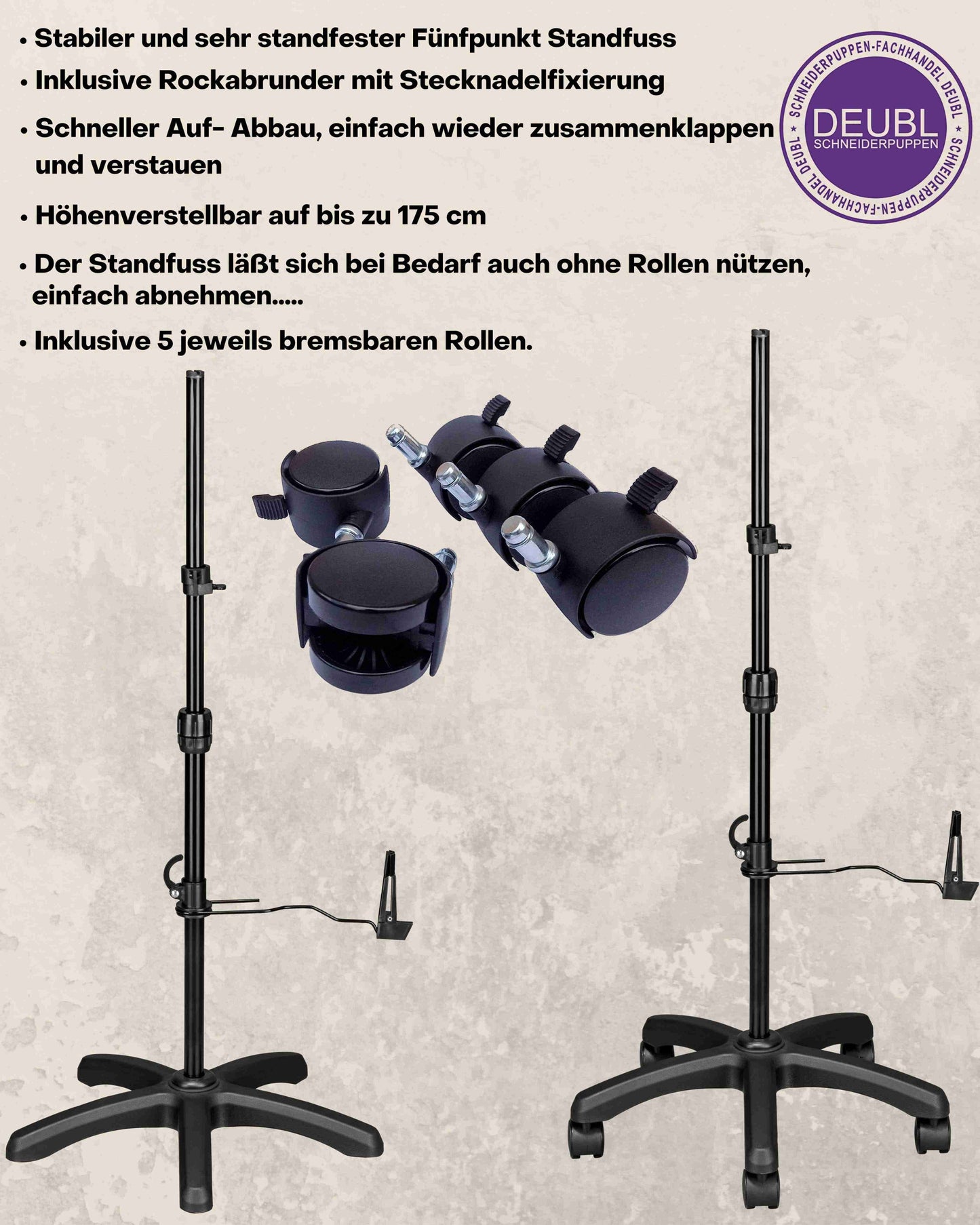 Schneiderpuppe verstellbar Dame | CELINE MULTI | Gr.M/42-50 | 8-teilig | 5-Bein Standfuß m. Rollen | Schutzbezug Blau | komplett einstellbar