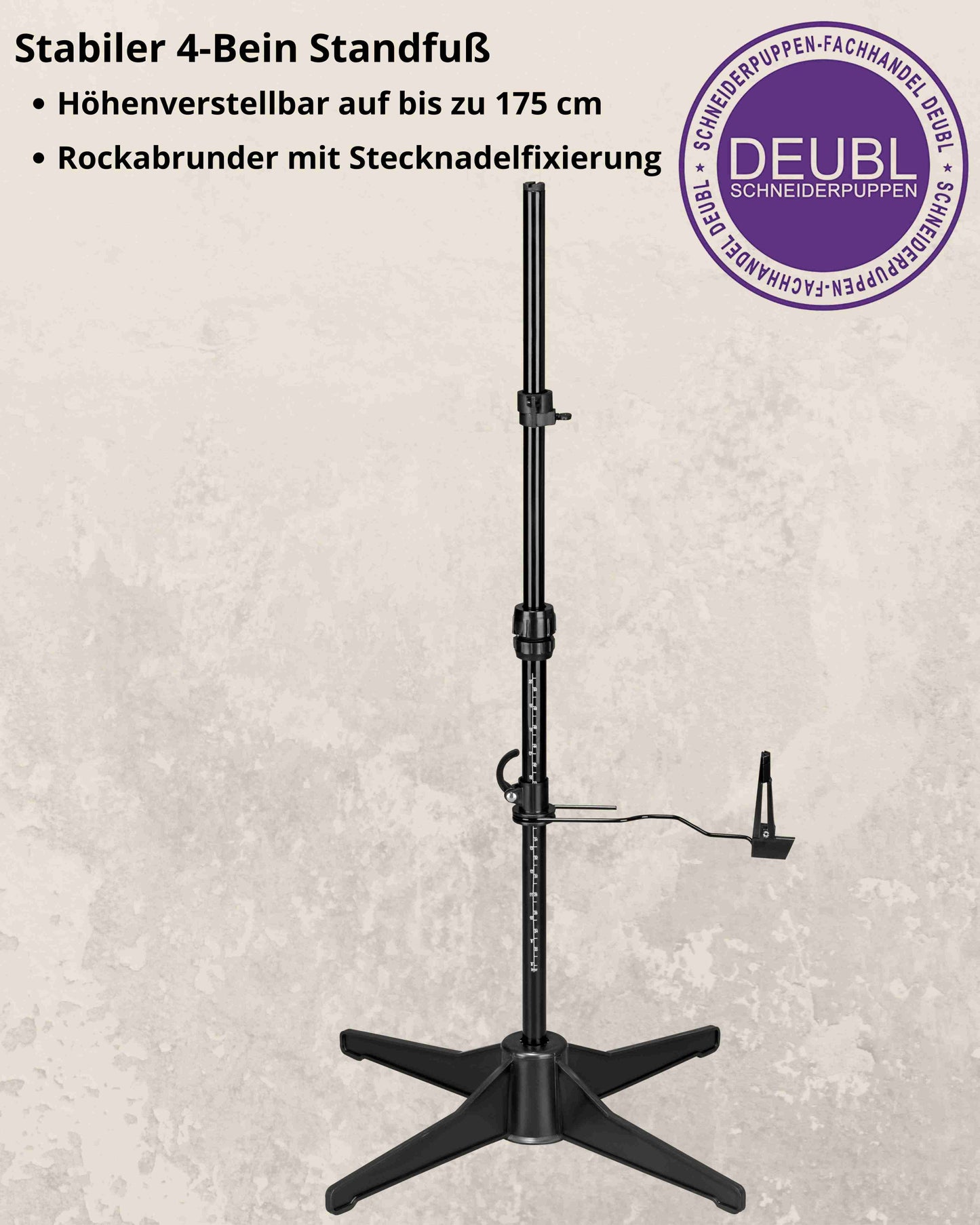 Beschreibung der Funktionsweise des 4-Bein Standfuß der verstellbaren Schneiderpuppe CELINE MULTI