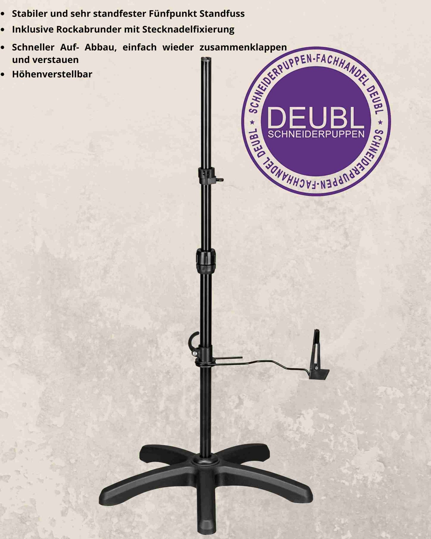 Ständer | 5-Bein Standfuß für Schneiderpuppen - Schneiderbüsten | Metall/Kunstoff | Rohrdurchmesser 22 mm