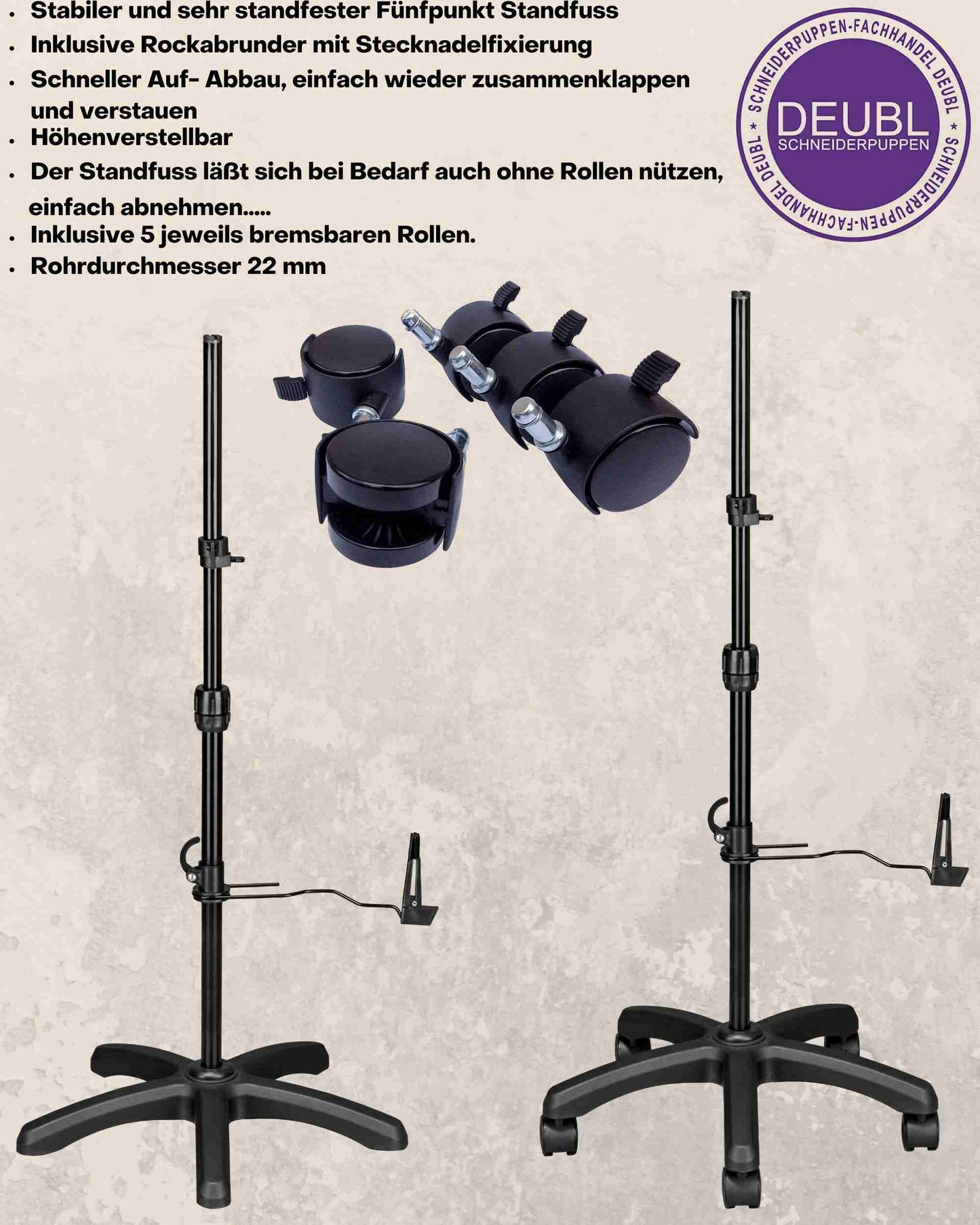 Ständer | 5-Bein Standfuß mit Rollen für Schneiderpuppen - Schneiderbüsten | Metall/Kunstoff | Rohrdurchmesser 22 mm