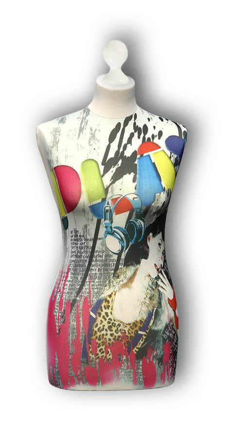 Schneiderpuppe 'EMMA' (Gr. 36/38) Holzfuß Farbe weiß | Bezug Design Nr. 35 | Schneiderbüste weiblich - DEUBL SCHNEIDERPUPPEN