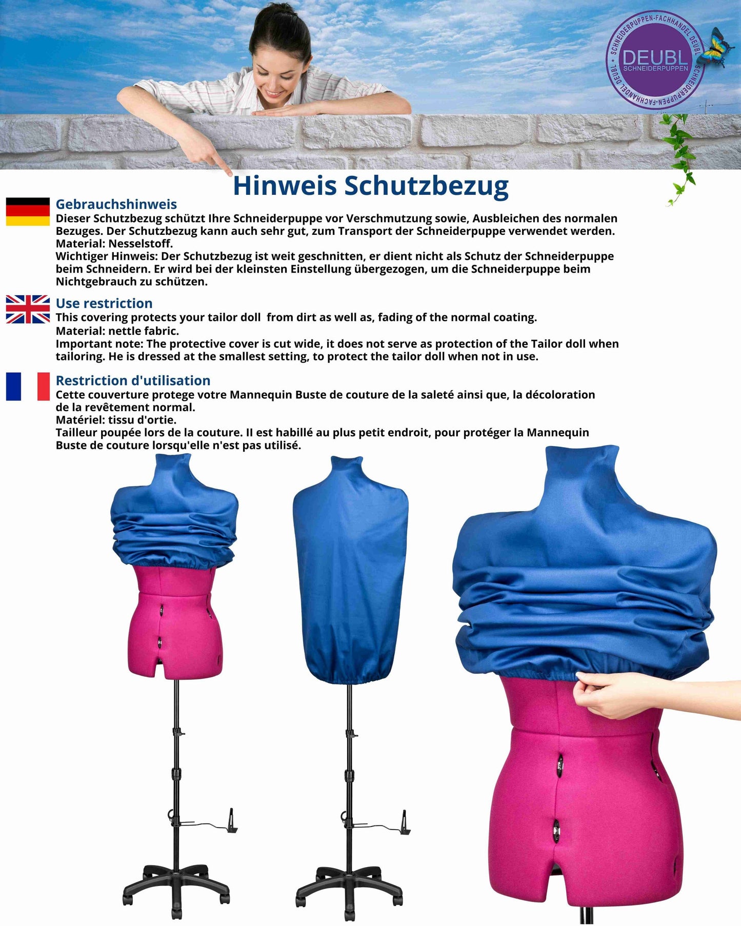 Schneiderpuppe verstellbar Dame | CELINE MULTI | Gr.S/36-44 | 8-teilig | 5-Bein Standfuß m. Rollen | Schutzbezug Blau | komplett einstellbar