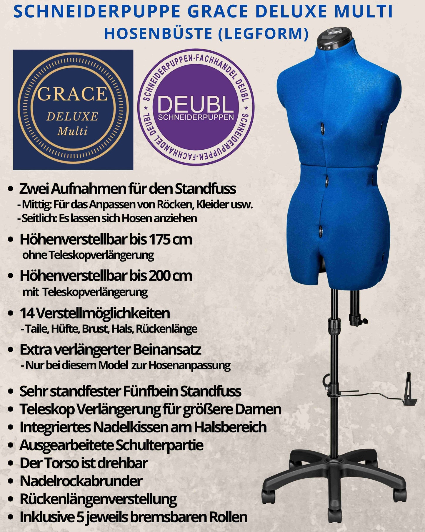 Erklärung aller Funktionen der Schneiderpuppe GRACE DELUXE MULTI