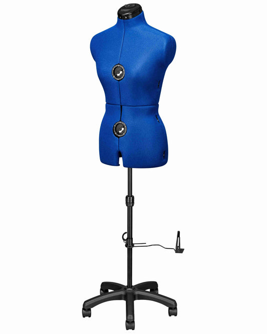 Ansicht der Schneiderpuppe verstellbar MAJESTIQUE MULTI, (Farbe Blau) komplett mit 5-Bein Standfuß und Rollen, von vorne Seitenansicht, Rückenlängenverstellung geschlossen