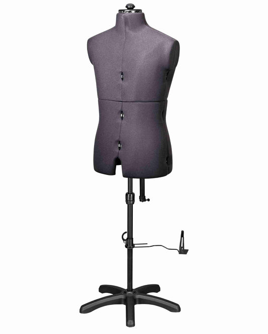 Ansicht der Schneiderpuppe verstellbar PAUL DELUXE MULTI, (Farbe Grau) komplett mit 5-Bein Standfuß, von vorne Seitenansicht, Rückenlängenverstellung geschlossen