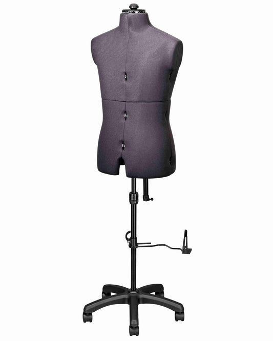 Ansicht der Schneiderpuppe verstellbar PAUL DELUXE MULTI, (Farbe Grau) komplett mit 5-Bein Standfuß und Rollen, von vorne Seitenansicht, Rückenlängenverstellung geschlossen