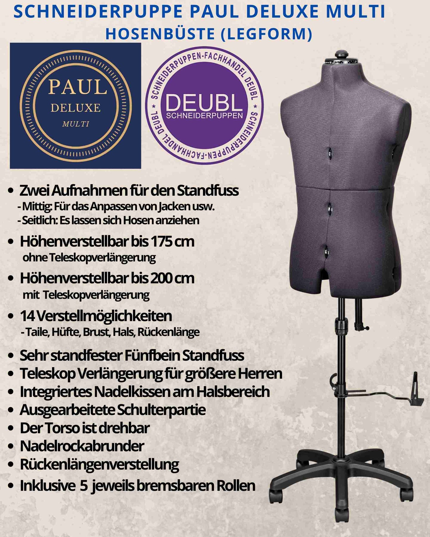 Hosen Schneiderpuppe verstellbar Herr | PAUL | Gr. 48-54 | 8-teilig | 5-Bein Standfuß u. Rollen | Hosen anziehbar | komplett einstellbar