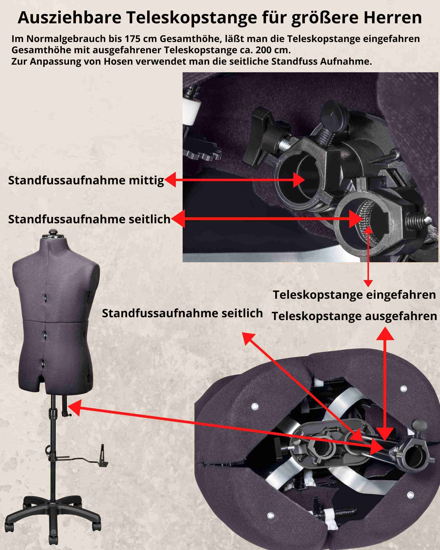 Hosen Schneiderpuppe verstellbar Herr | PAUL | Gr. 48-54 | 8-teilig | 5-Bein Standfuß u. Rollen | Hosen anziehbar | komplett einstellbar