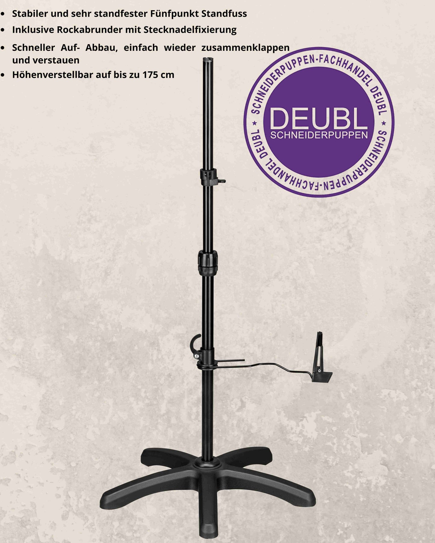 Beschreibung der Funktionsweise des 5-Bein Standfuß der verstellbaren Schneiderpuppe GRACE DELUXE MULTI