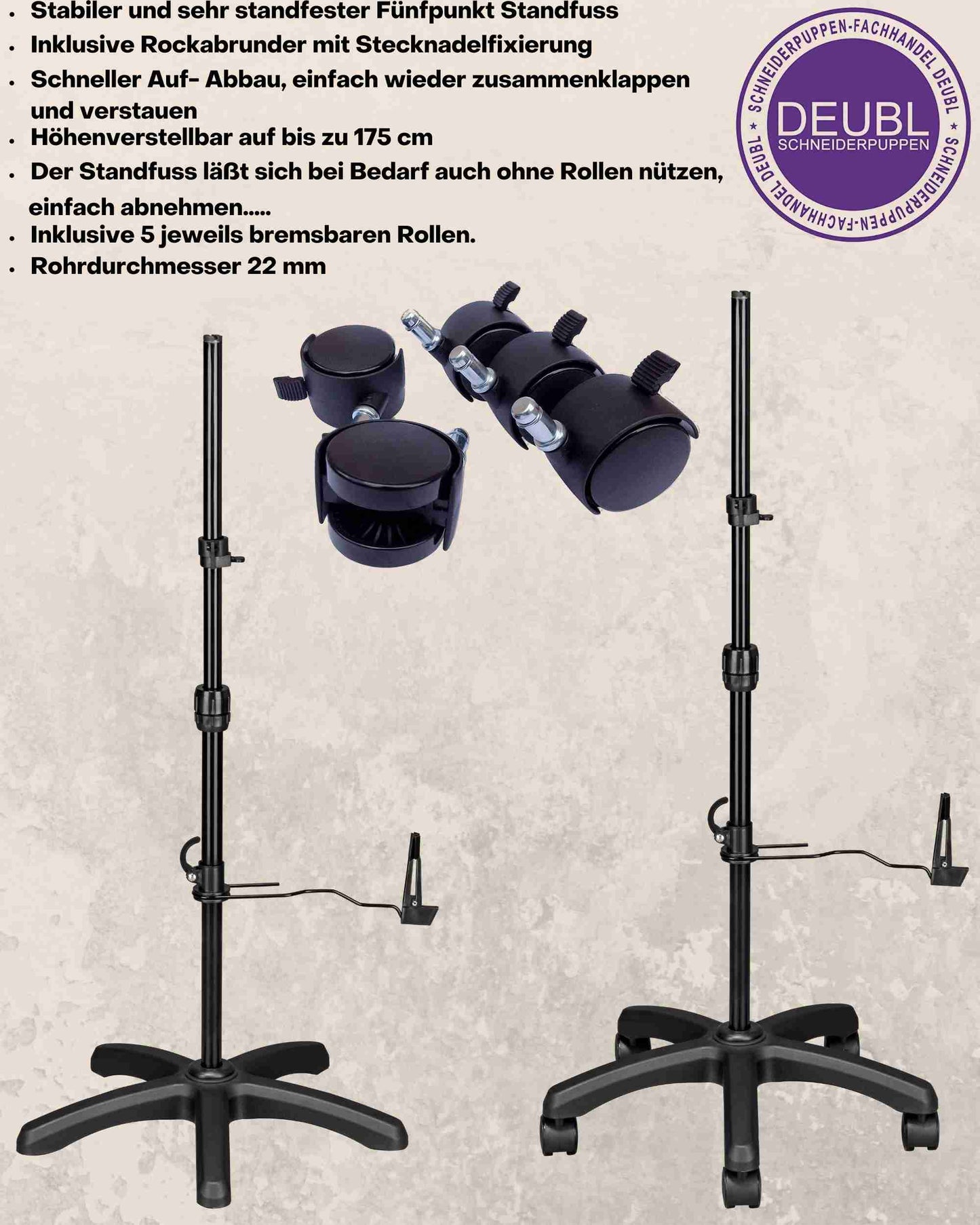 Beschreibung der Funktionsweise des 5-Bein Standfuß und Rollen der verstellbaren Schneiderpuppe PAUL DELUXE MULTI