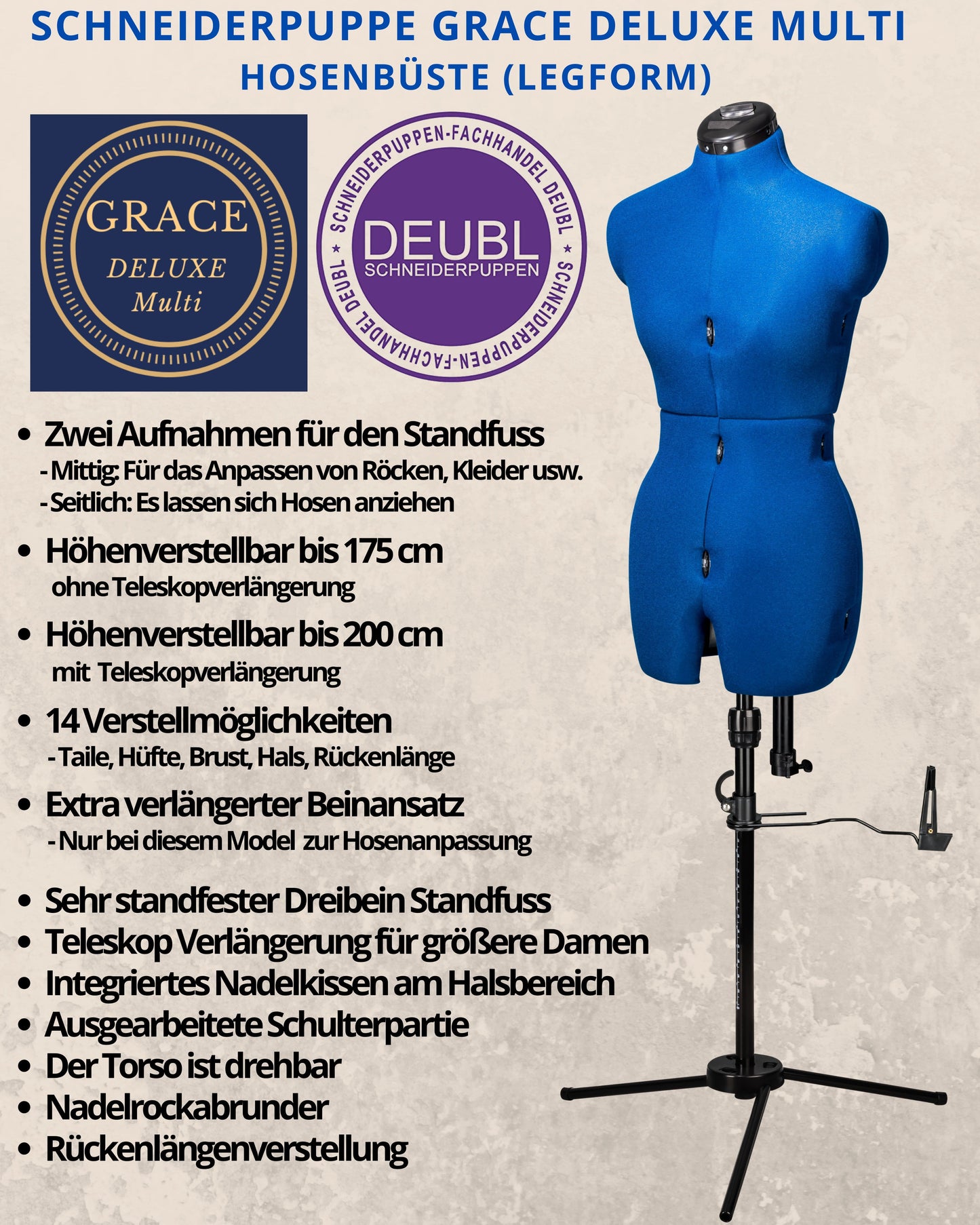 Hosen Schneiderpuppe verstellbar Dame | GRACE DELUXE MULTI | Gr.L/50-54 | 8-teilig | 3-Bein Standfuß | Hosen anziehbar | komplett einstellbar