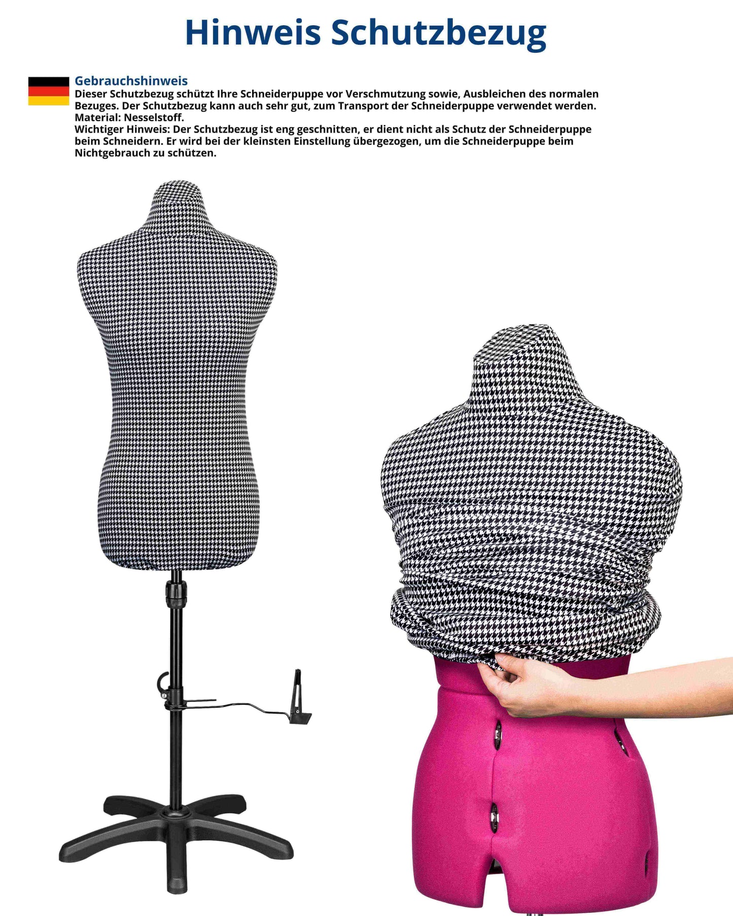 Schneiderpuppe verstellbar Dame | CELINE MULTI | Gr.L/48-54 | 8-teilig | 5-Bein Standfuß m. Rollen | Schutzbezug S/W | komplett einstellbar