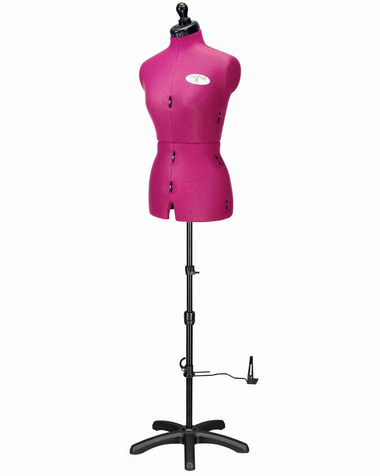 Ansicht der Schneiderpuppe verstellbar CELINE MULTI, (Farbe Fuchsia) komplett mit 5-Bein Standfuß, von vorne Seitenansicht, Rückenlängenverstellung geschlossen