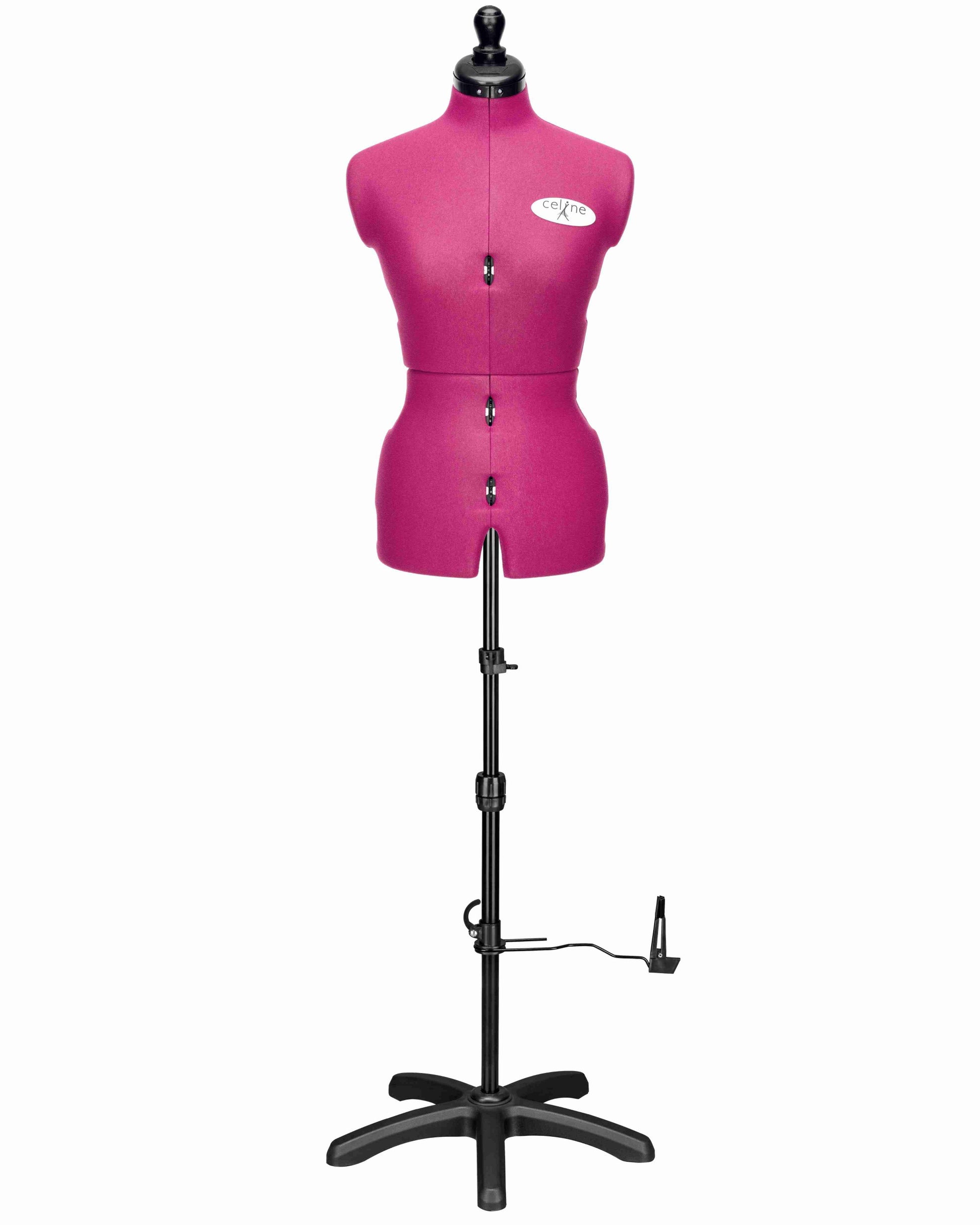 Ansicht der Schneiderpuppe verstellbar CELINE MULTI, (Farbe Fuchsia) komplett mit 5-Bein Standfuß, von vorne Frontalansicht, Rückenlängenverstellung geschlossen
