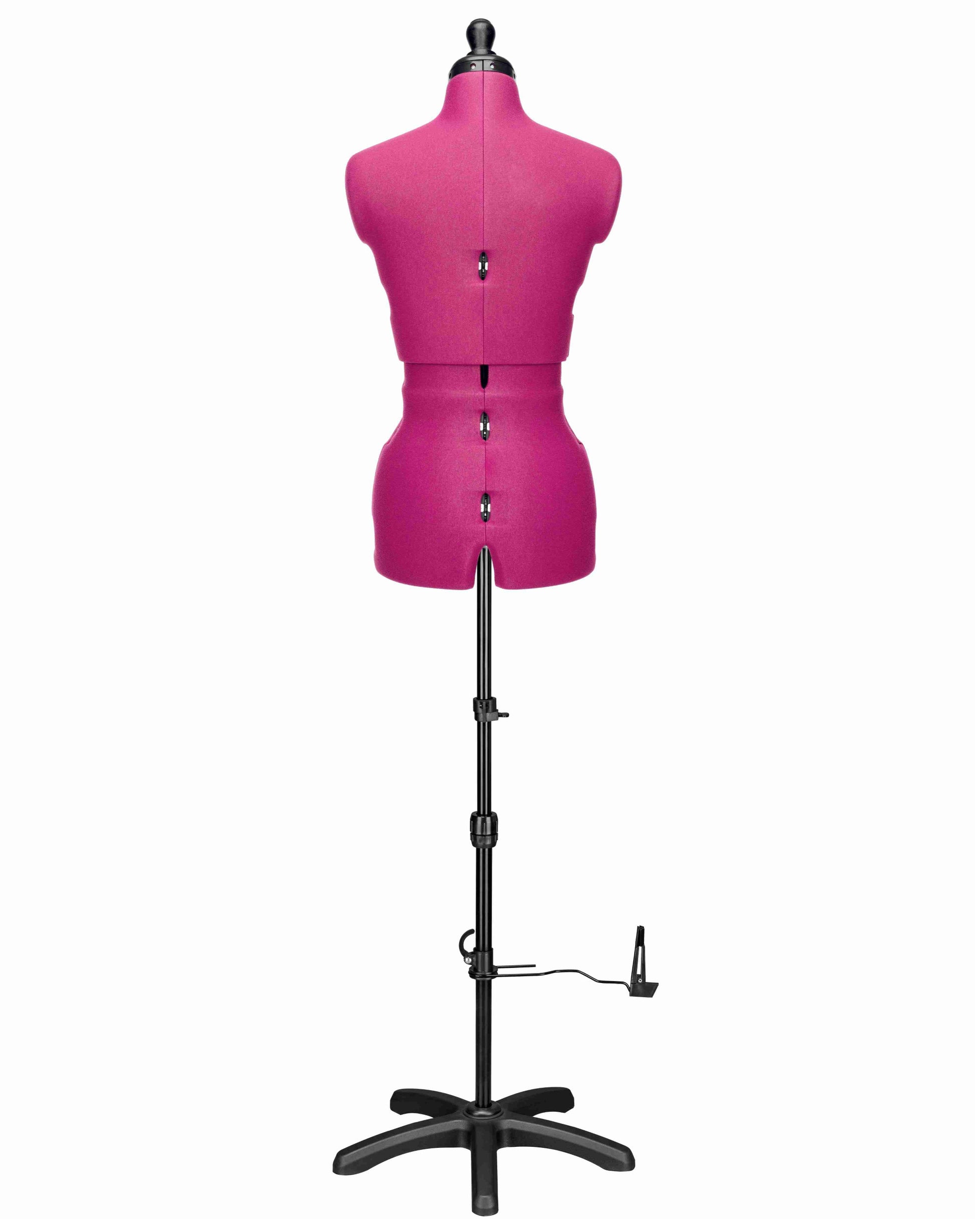 Ansicht der Schneiderpuppe verstellbar CELINE MULTI, (Farbe Fuchsia) komplett mit 5-Bein Standfuß, von hinten Frontalansicht, Rückenlängenverstellung geöffnet
