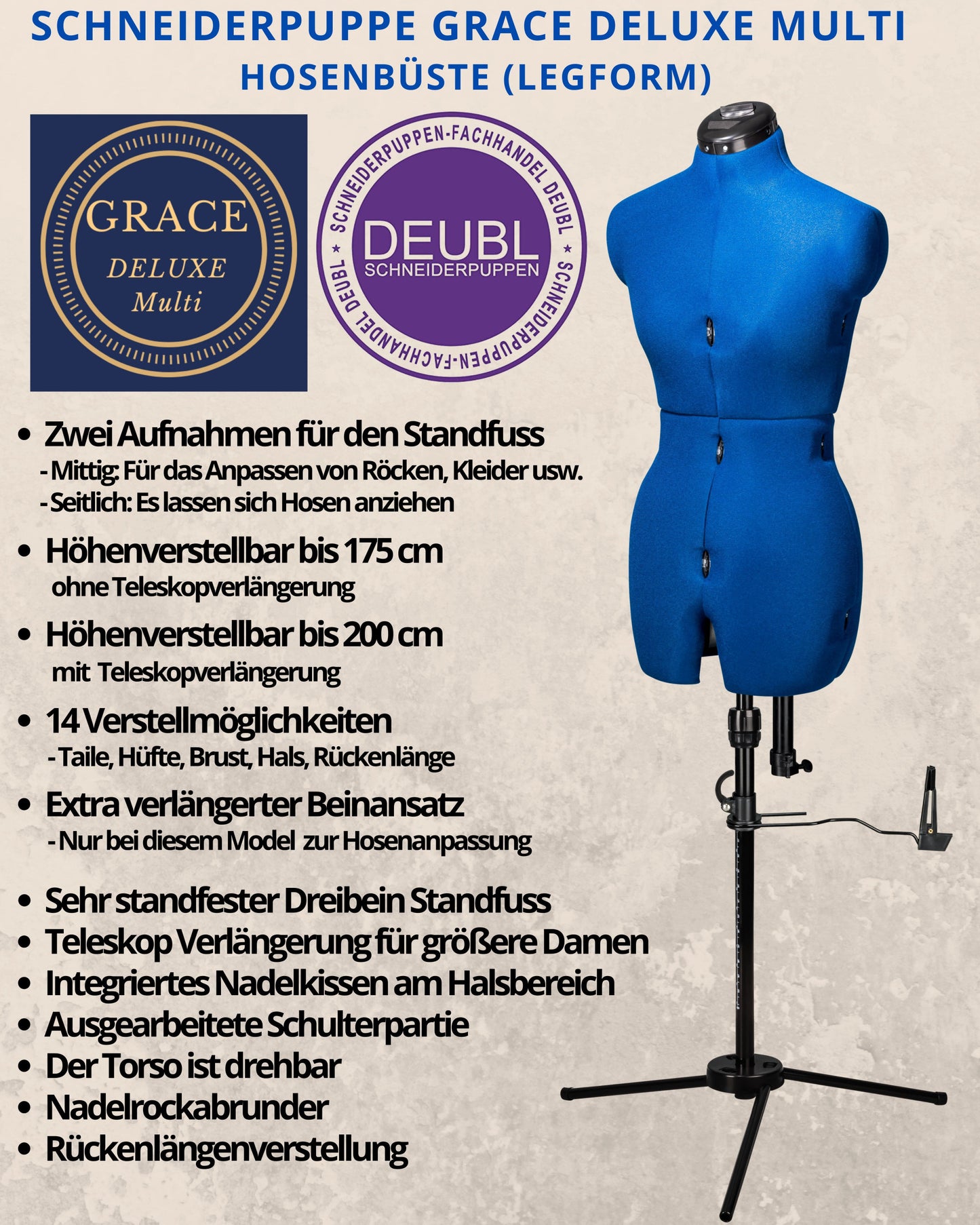 Erklärung aller Funktionen der  Schneiderpuppe  GRACE DELUXE