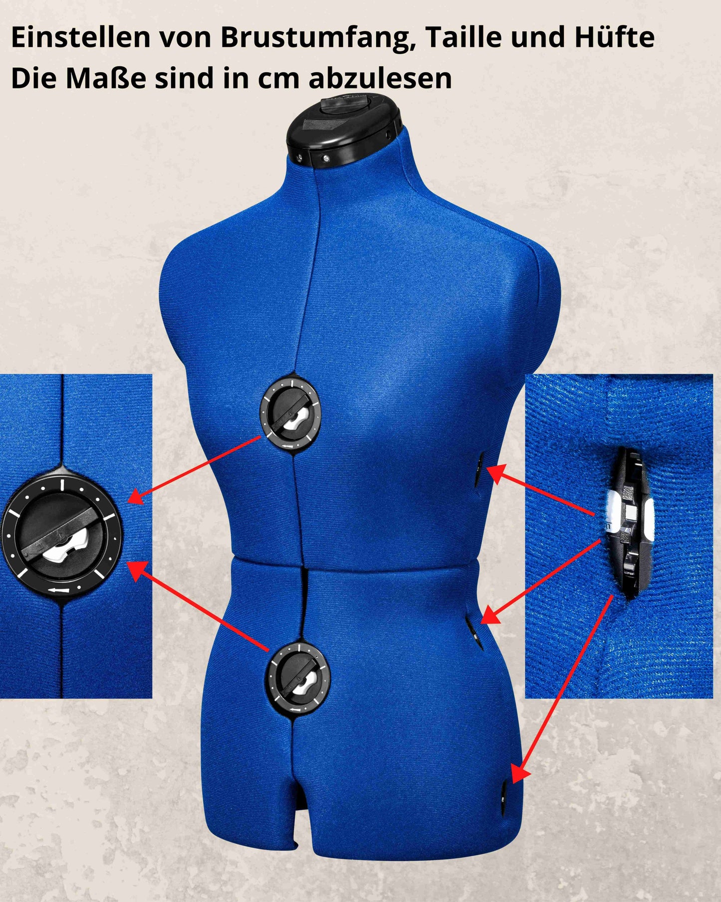 Beschreibung der Funktionsweise der Verstellrädchen bzw. Einstellrädchen der verstellbaren Schneiderpuppe MAJESTIQUE MULTI