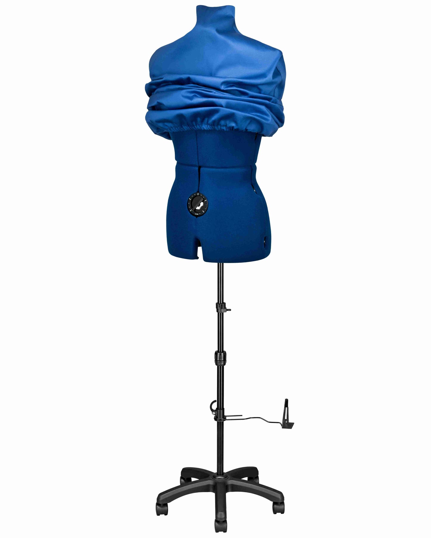 Ansicht der Schneiderpuppe verstellbar MAJESTIQUE MULTI, (Farbe Blau) komplett mit 5-Bein Standfuß und Rollen, von vorne Seitenansicht, Rückenlängenverstellung geschlossen, mit Schutzbezug  Blau