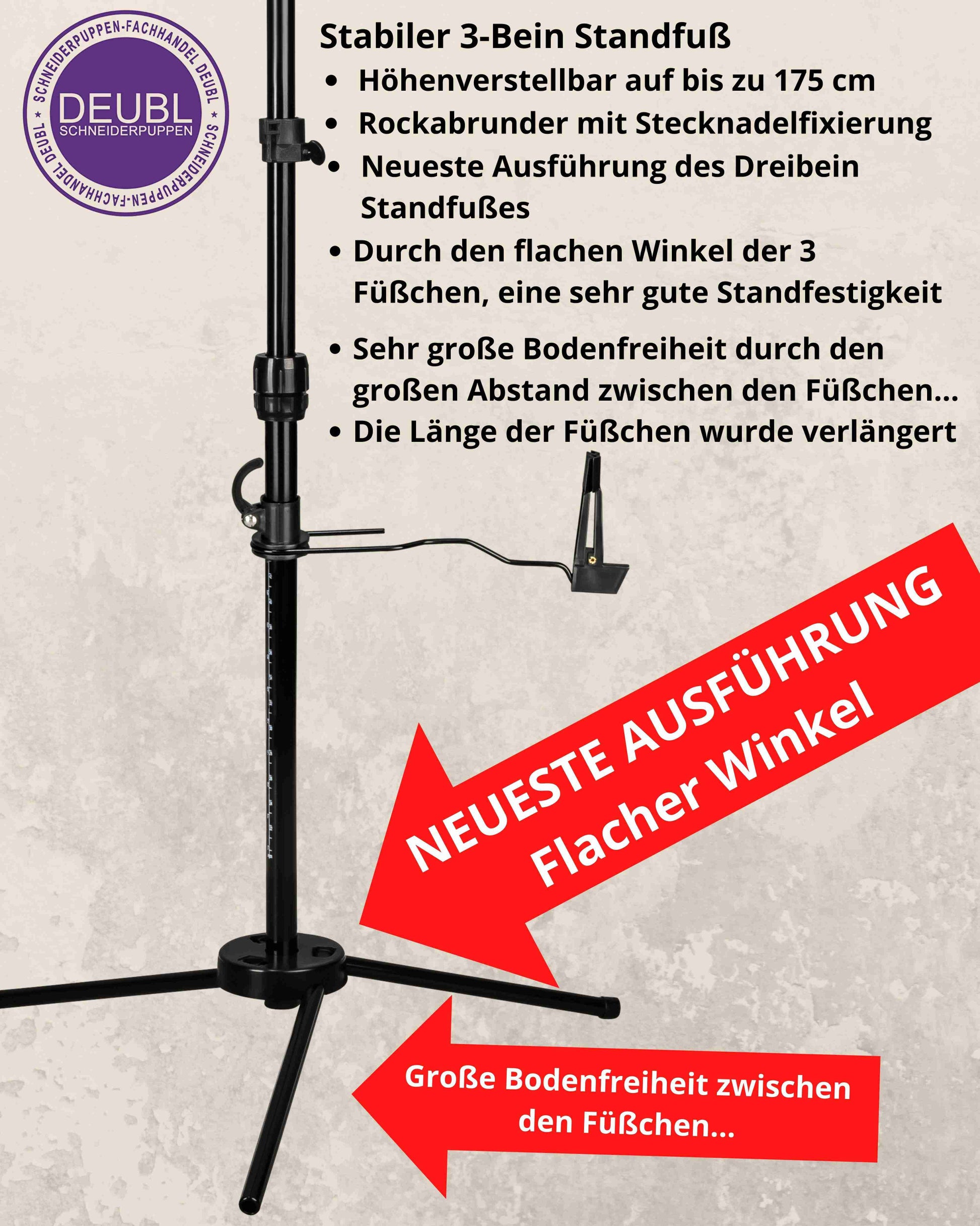 Beschreibung der Funktionsweise des 3-Bein Standfuß der verstellbaren Schneiderpuppe CELINE MULTI 