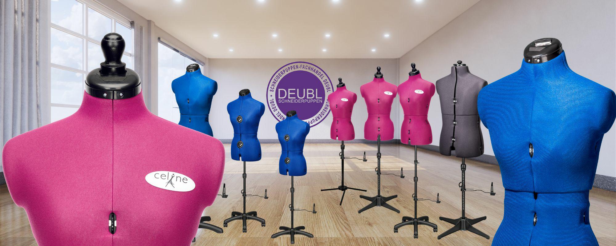 Das Bild zeigt unsere verstellbaren Schneiderpuppen CELINE MULTI, MAJESTIQUE, PAUL, GRACE in unserem Showroom