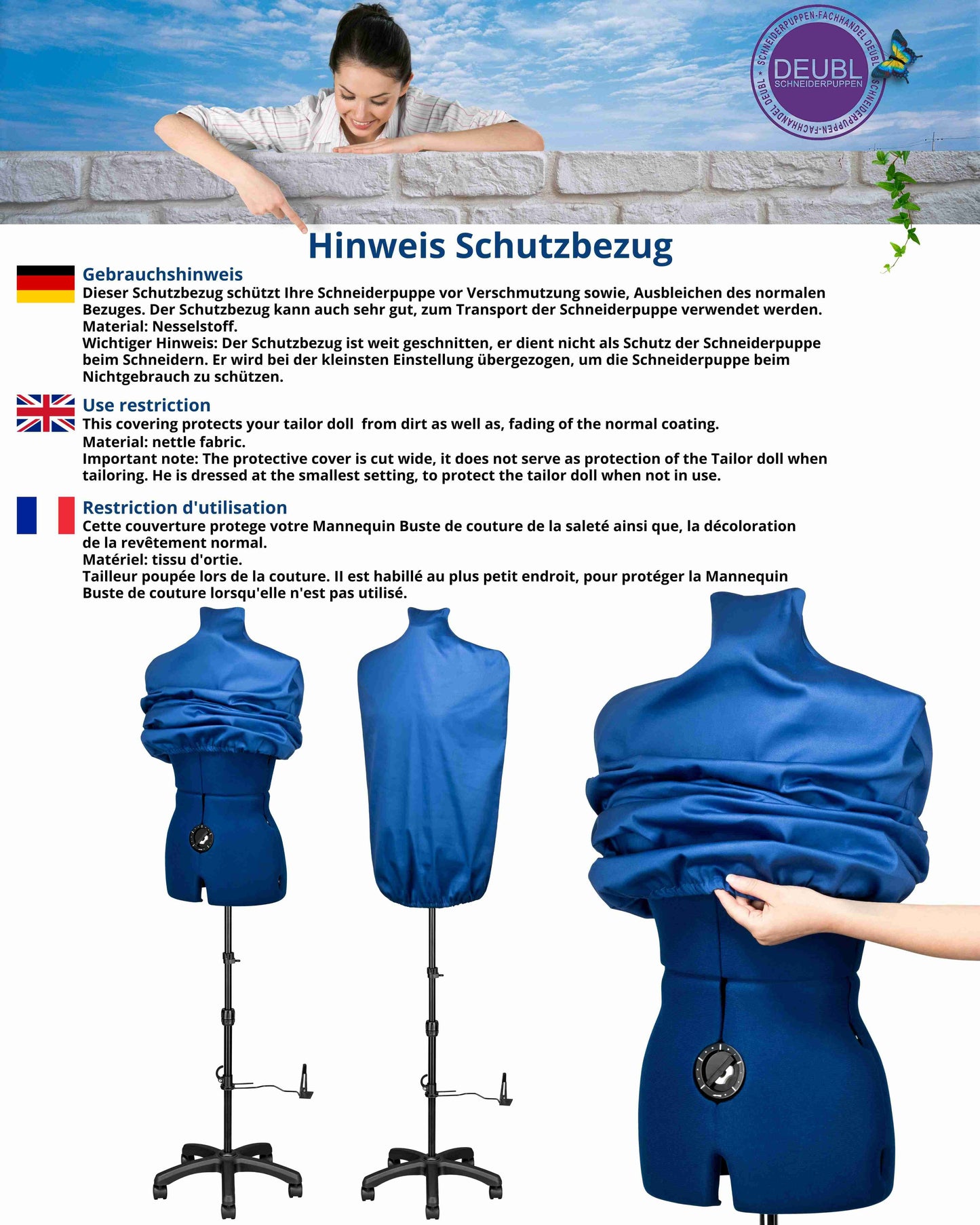 Schneiderpuppe verstellbar Dame | MAJESTIQUE MULTI | Gr.M/42-50 | 8-teilig | 5-Bein Standfuß m. Rollen | Schutzbezug Blau | komplett einstellbar