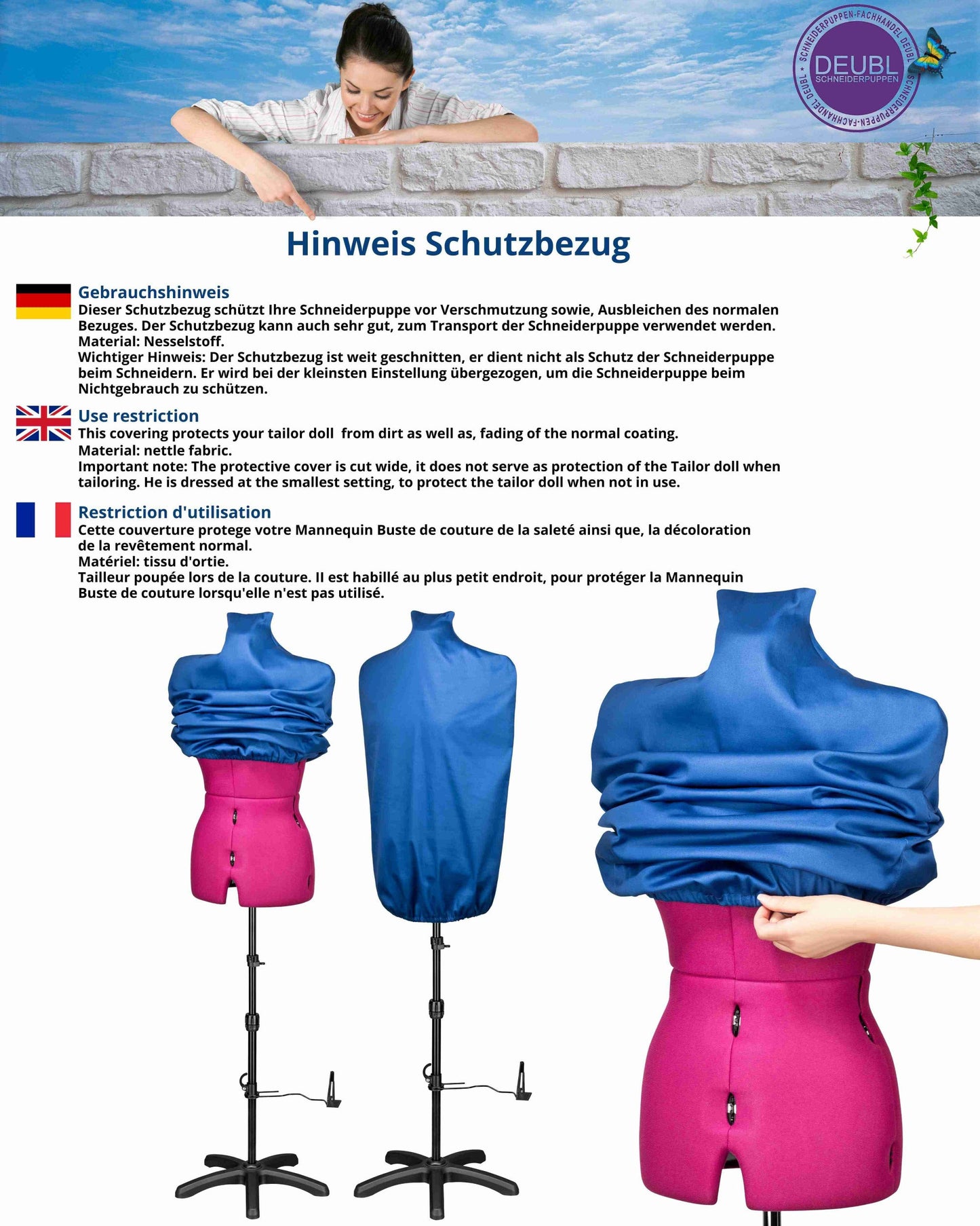 Schneiderpuppe verstellbar Dame | CELINE MULTI | Gr.M/42-50 | 8-teilig | 5-Bein Standfuß | Schutzbezug Blau| komplett einstellbar
