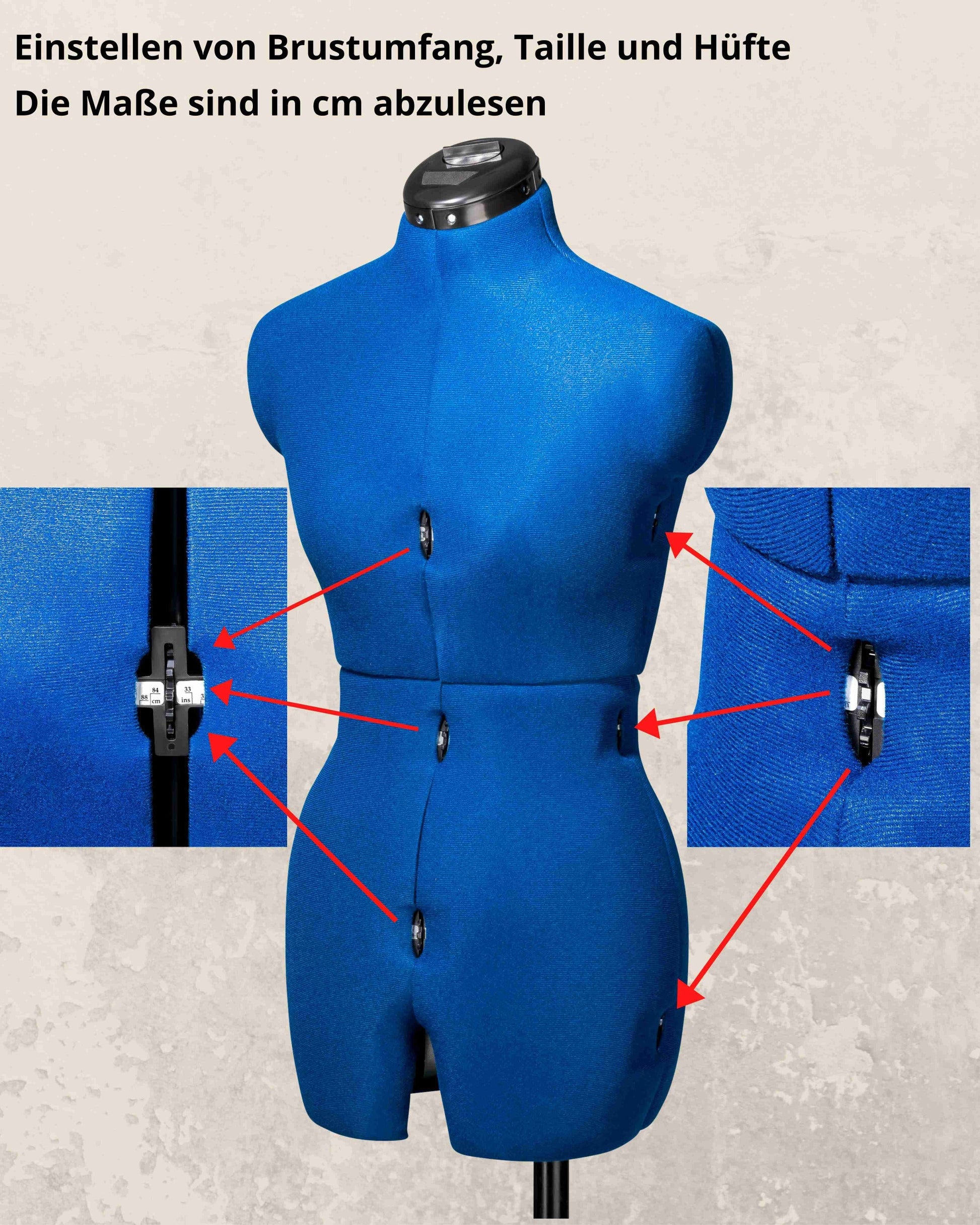 Beschreibung der Funktionsweise der Verstellrädchen bzw. Einstellrädchen der verstellbaren Schneiderpuppe GRACE DELUXE MULTI