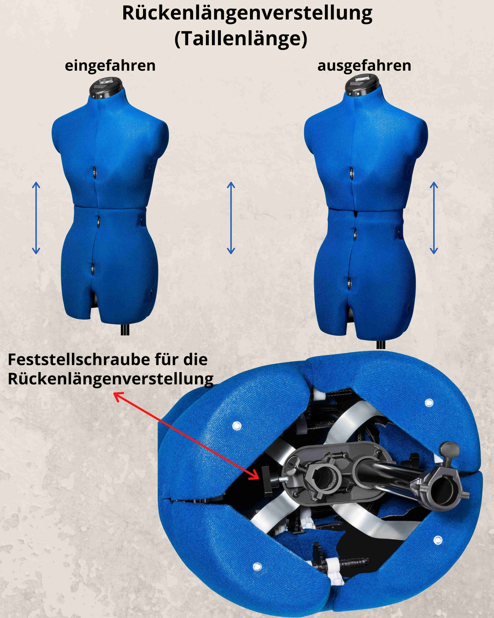 Beschreibung der Funktionsweise der Rückenlängenverstellung der verstellbaren Schneiderpuppe GRACE DELUXE MULTI