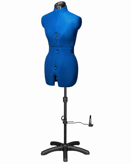 Ansicht der Schneiderpuppe verstellbar GRACE DELUXE MULTI, (Farbe Blau) komplett mit 5-Bein Standfuß, von vorne Seitenansicht, Rückenlängenverstellung geschlossen