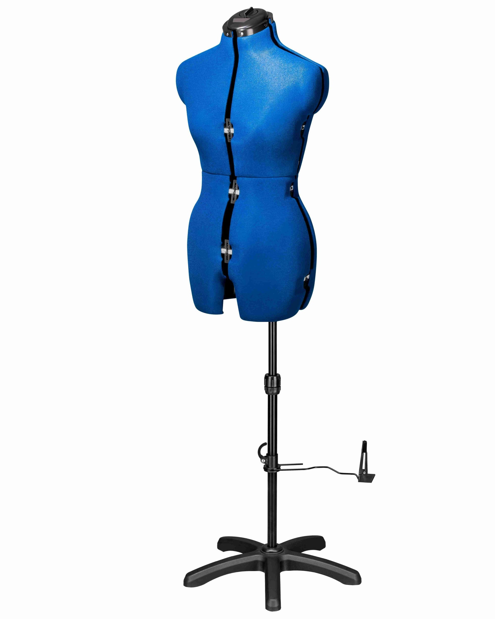 Ansicht der Schneiderpuppe verstellbar GRACE DELUXE MULTI, (Farbe Blau) komplett mit 5-Bein Standfuß, von vorne Seitenansicht, Rückenlängenverstellung geöffnet