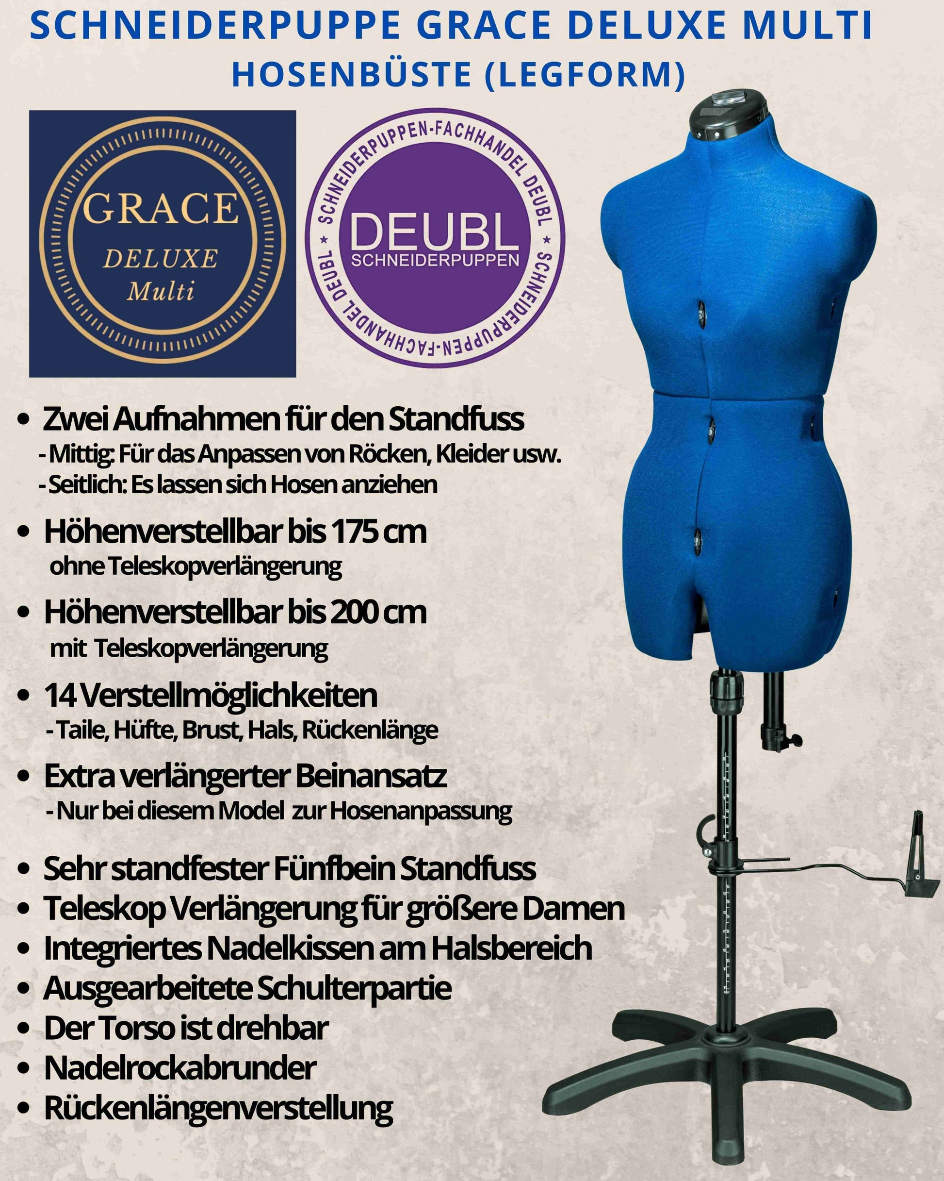Erklärung aller Funktionen der Schneiderpuppe GRACE DELUXE MULTI