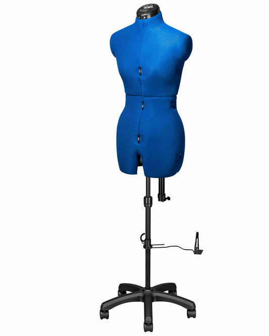 Ansicht der Schneiderpuppe verstellbar GRACE DELUXE MULTI, (Farbe Blau) komplett mit 5-Bein Standfuß, von vorne Seitenansicht, Rückenlängenverstellung geschlossen