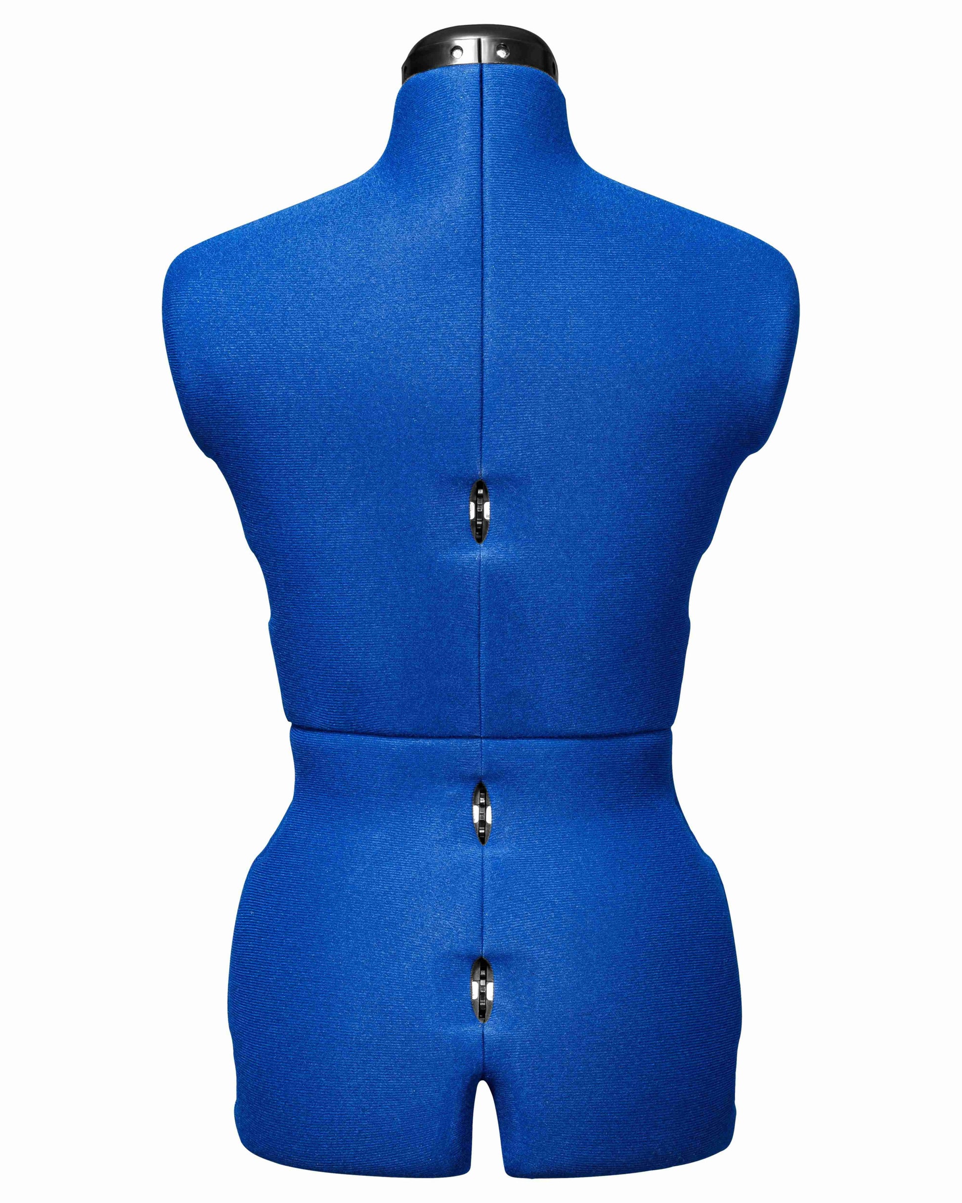 Ansicht Torso (Farbe Blau) der MAJESTIQUE MULTI, ohne 3-Bein Standfuß, von hinten Frontalansicht, Rückenlängenverstellung geschlossen
