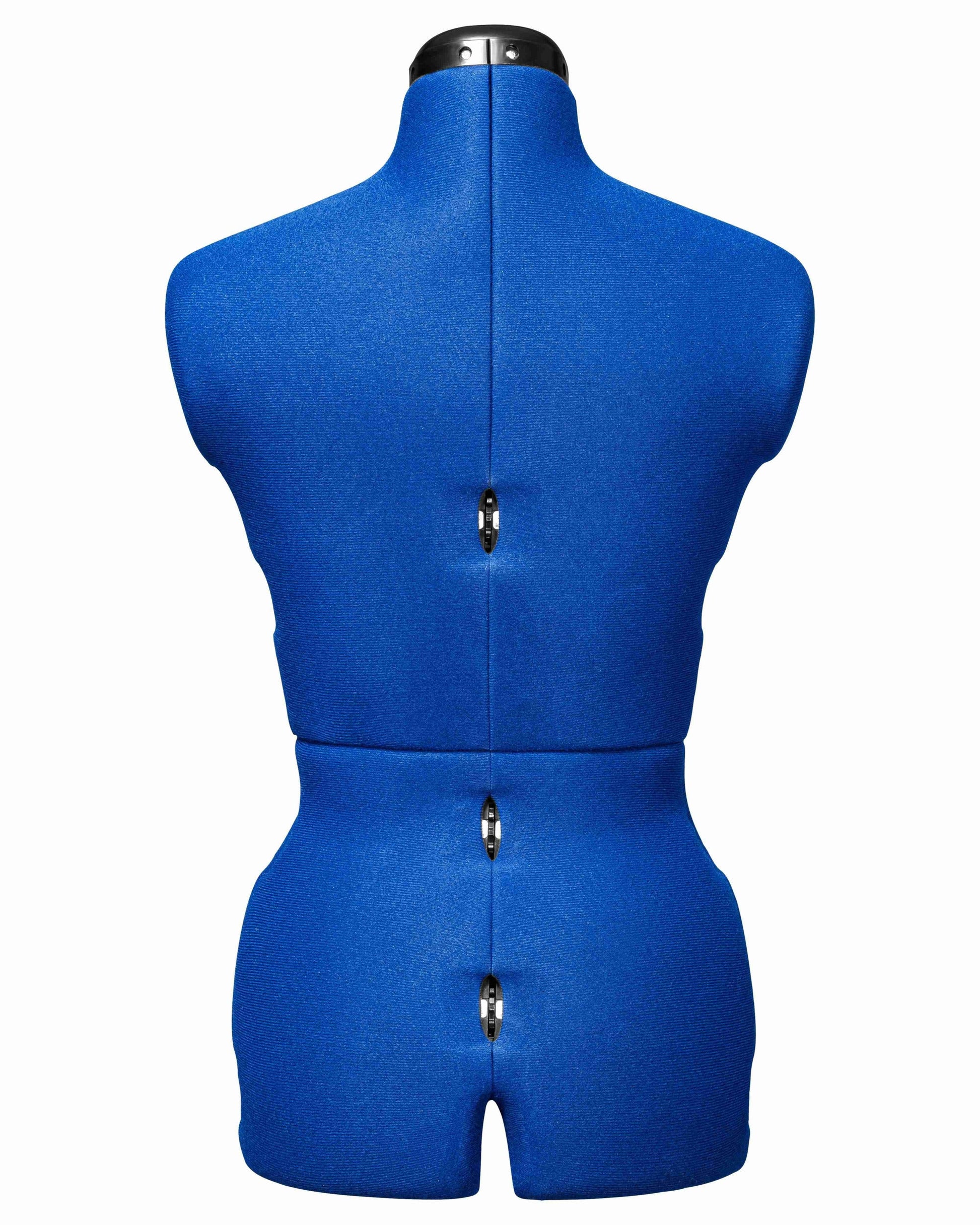 Ansicht Torso (Farbe Blau) der MAJESTIQUE MULTI, ohne 4-Bein Standfuß, von hinten Frontalansicht, Rückenlängenverstellung geschlossen