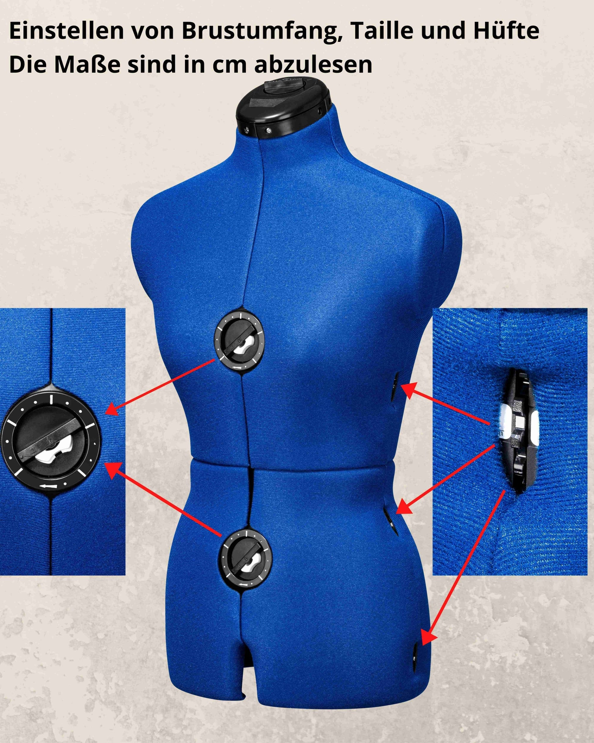 Beschreibung der Funktionsweise der Verstellrädchen bzw. Einstellrädchen der verstellbaren Schneiderpuppe MAJESTIQUE MULTI