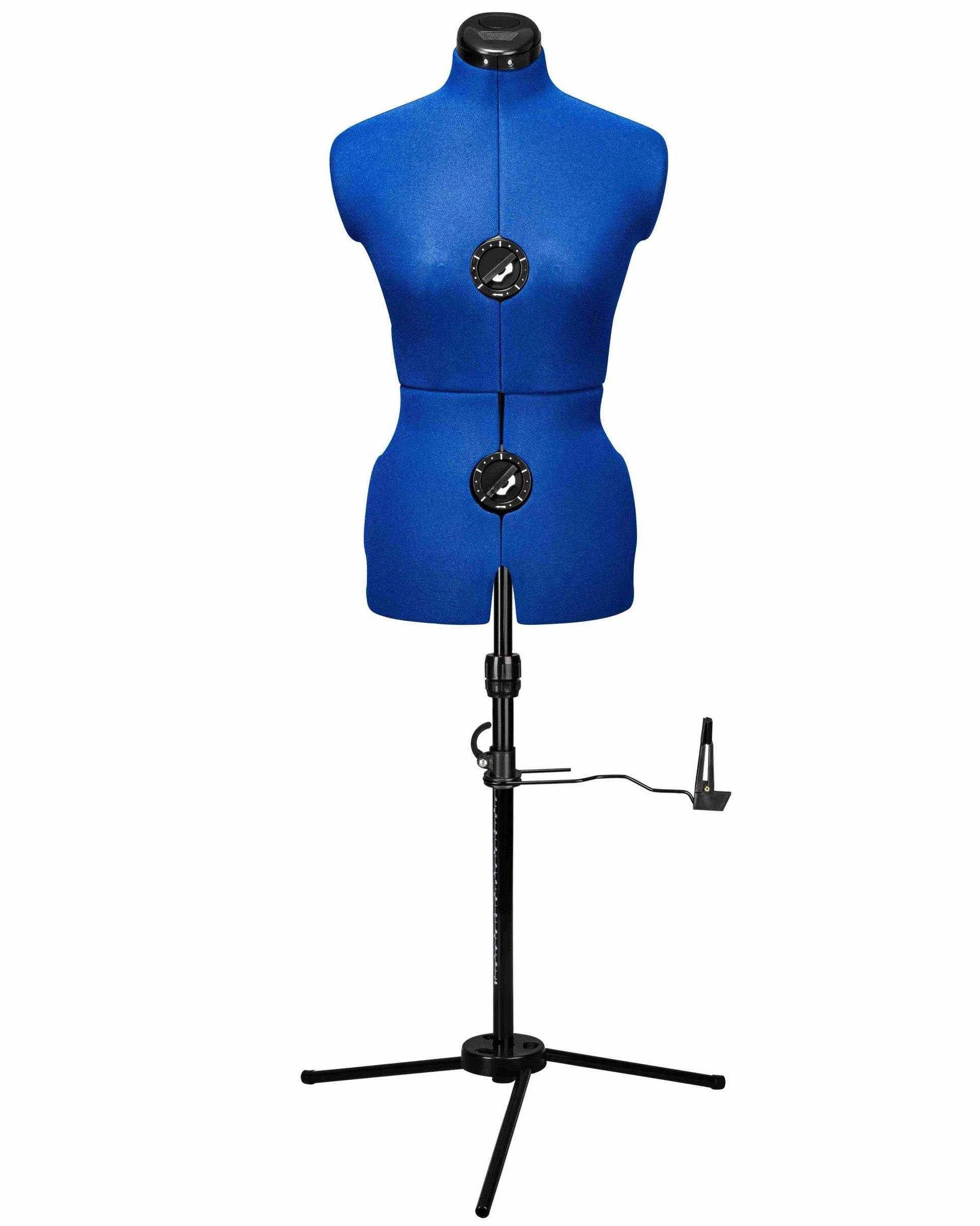 Ansicht der Schneiderpuppe verstellbar MAJESTIQUE MULTI, (Farbe Blau) komplett mit 3-Bein Standfuß, von vorne Frontalansicht, Rückenlängenverstellung geschlossen
