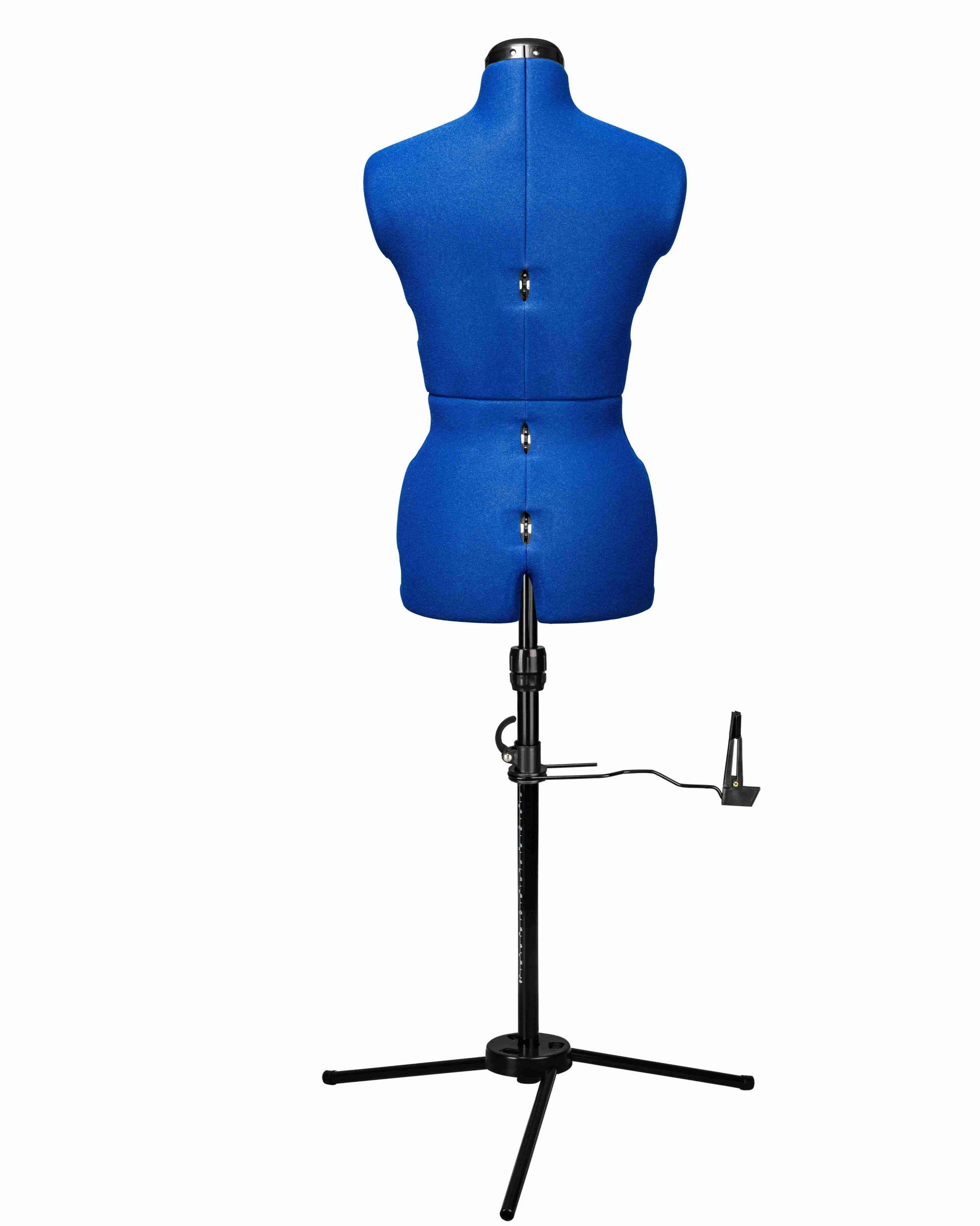 Ansicht der Schneiderpuppe verstellbar MAJESTIQUE MULTI, (Farbe Blau) komplett mit 3-Bein Standfuß, von hinten Frontalansicht, Rückenlängenverstellung geschlossen