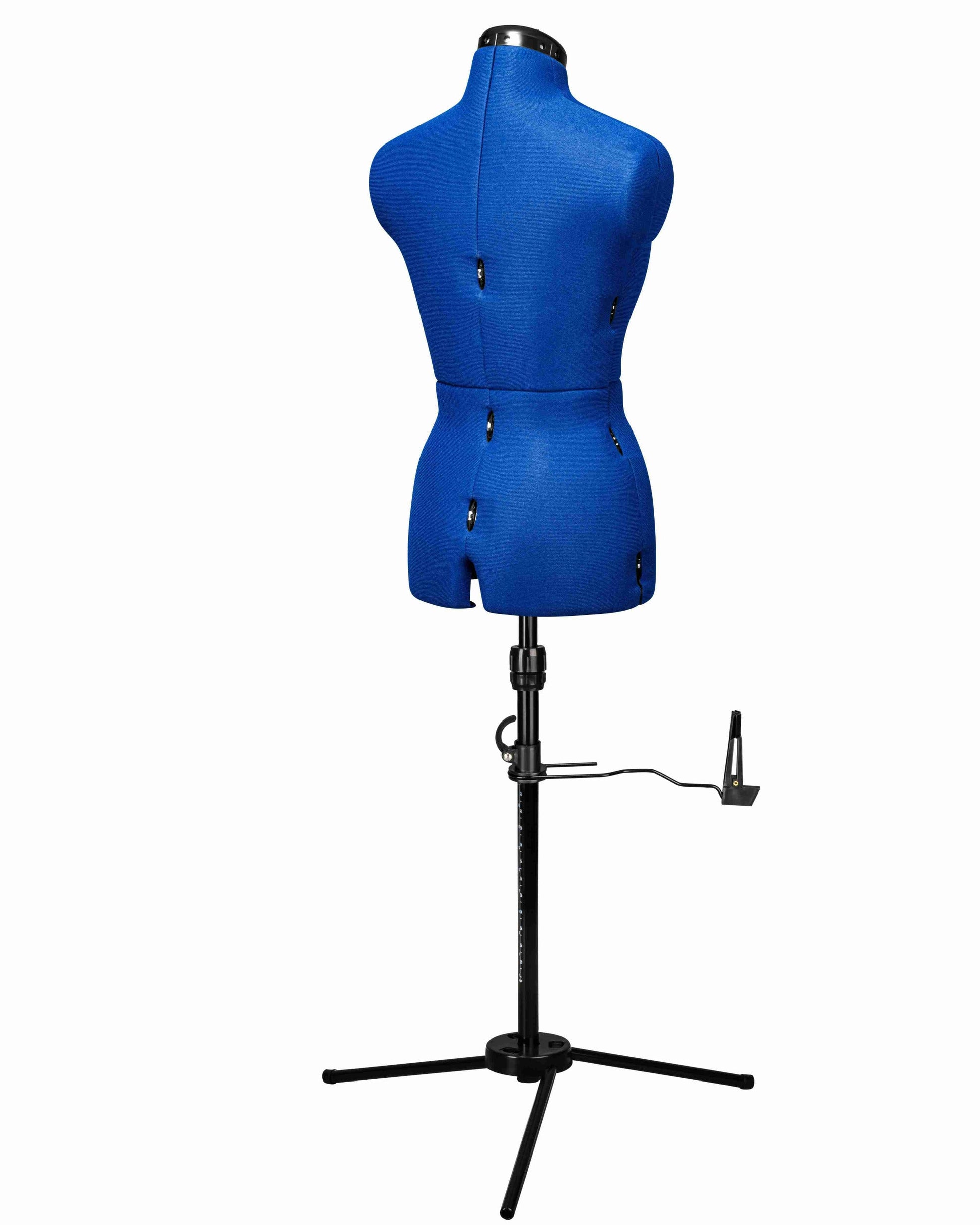 Ansicht der Schneiderpuppe verstellbar MAJESTIQUE MULTI, (Farbe Blau) komplett mit 3-Bein Standfuß, von hinten Seitenansicht, Rückenlängenverstellung geschlossen