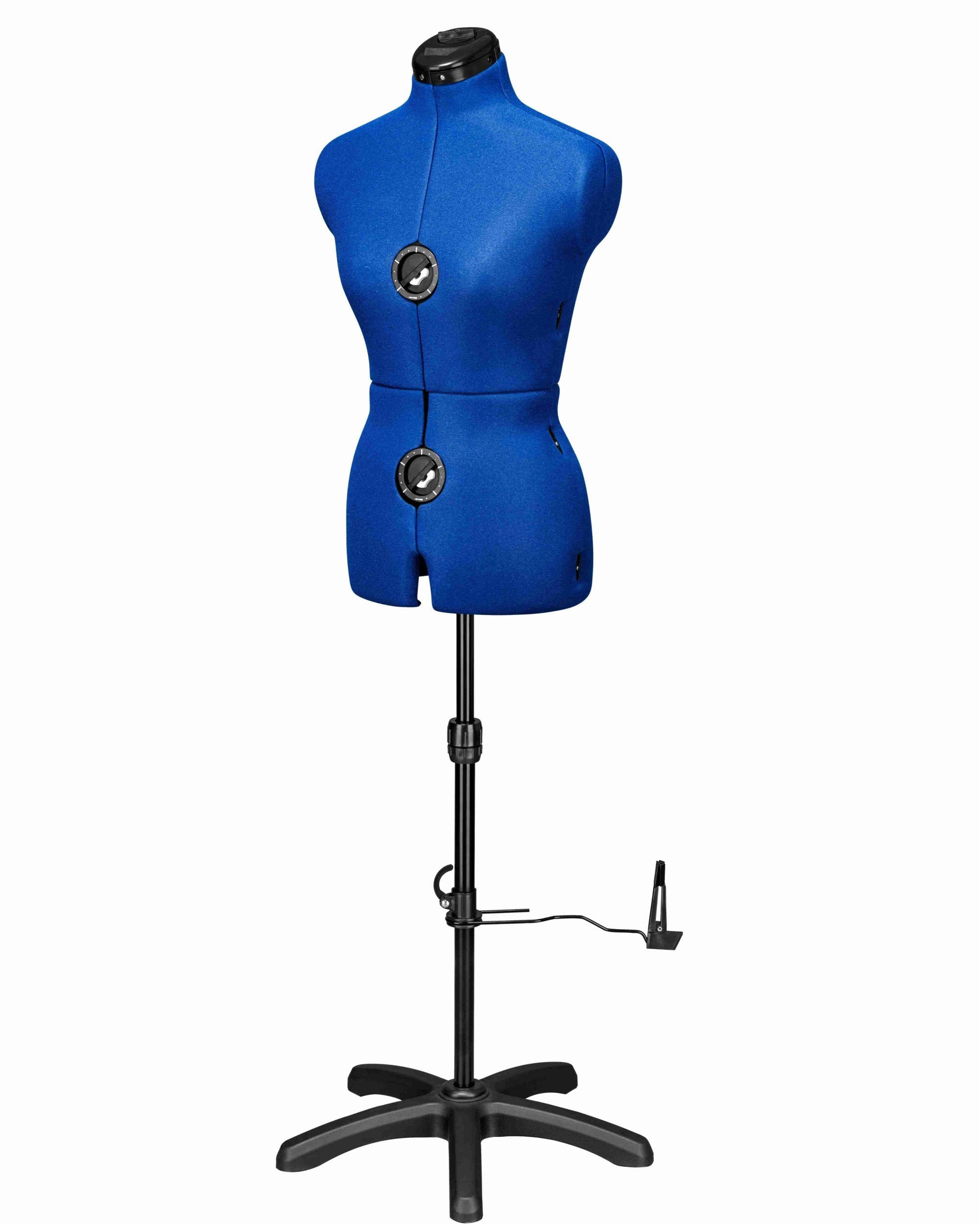 Ansicht der Schneiderpuppe verstellbar MAJESTIQUE MULTI, (Farbe Blau) komplett mit 5-Bein Standfuß, von vorne Seitenansicht, Rückenlängenverstellung geschlossen