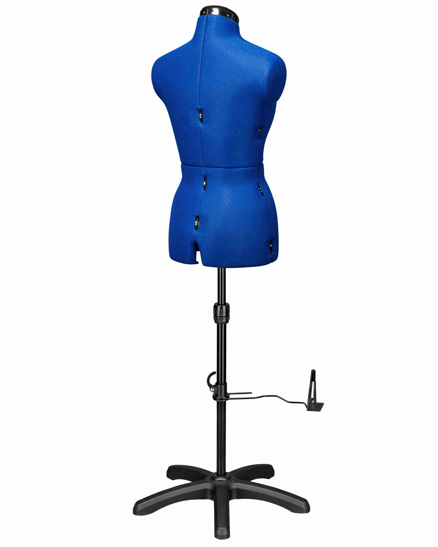 Ansicht der Schneiderpuppe verstellbar MAJESTIQUE MULTI, (Farbe Blau) komplett mit 5-Bein Standfuß, von hinten Seitenansicht, Rückenlängenverstellung geschlossen
