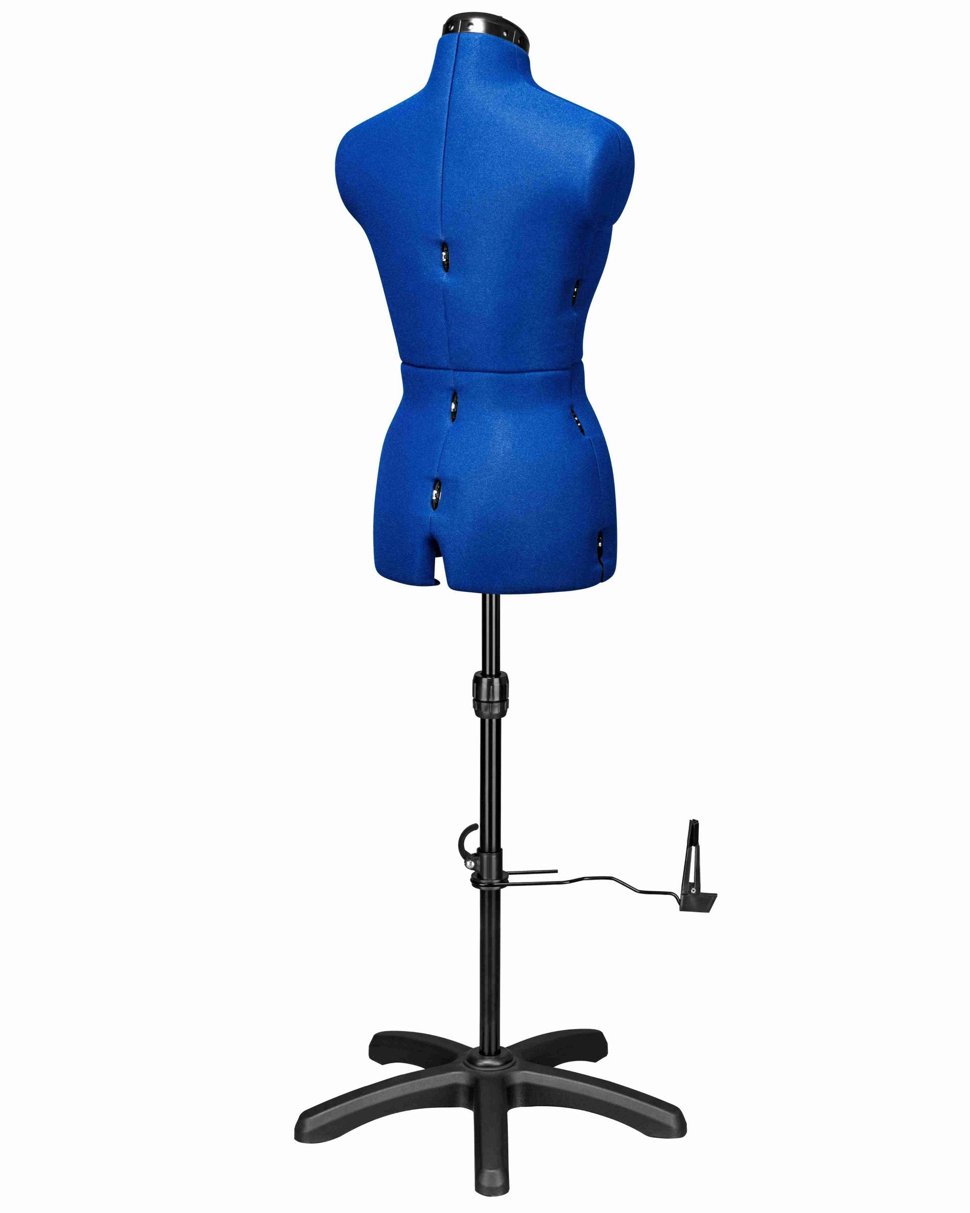 Ansicht der Schneiderpuppe verstellbar MAJESTIQUE MULTI, (Farbe Blau) komplett mit 5-Bein Standfuß, von hinten Seitenansicht, Rückenlängenverstellung geschlossen