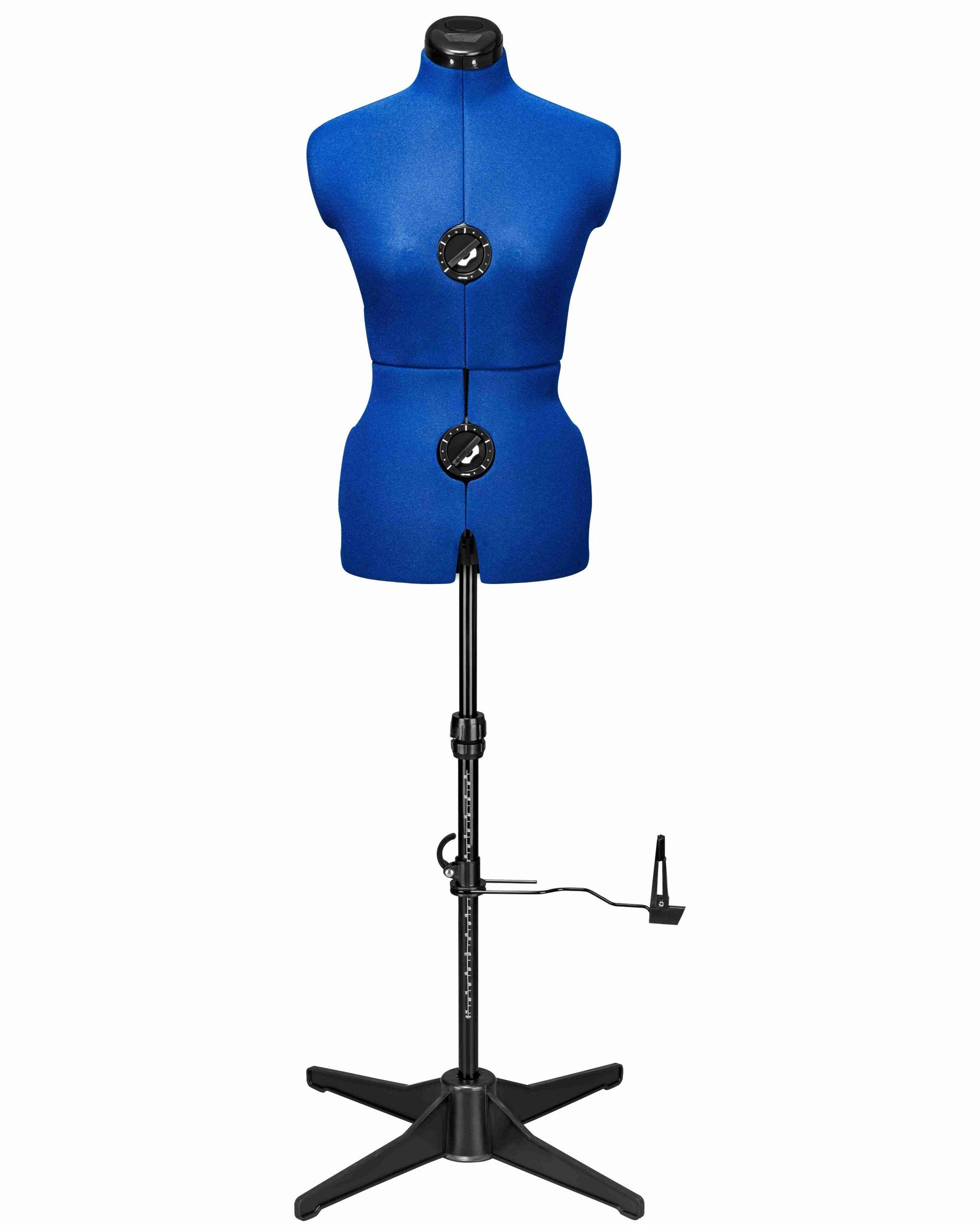 Ansicht der Schneiderpuppe verstellbar MAJESTIQUE MULTI, (Farbe Blau) komplett mit 4-Bein Standfuß, von vorne Frontalansicht, Rückenlängenverstellung geschlossen