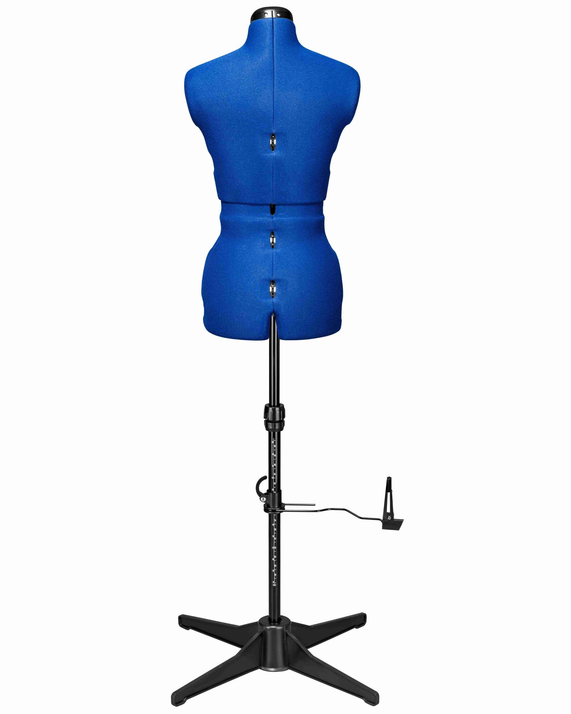 Ansicht der Schneiderpuppe verstellbar MAJESTIQUE MULTI, (Farbe Blau) komplett mit 4-Bein Standfuß, von hinten Frontalansicht, Rückenlängenverstellung geöffnet