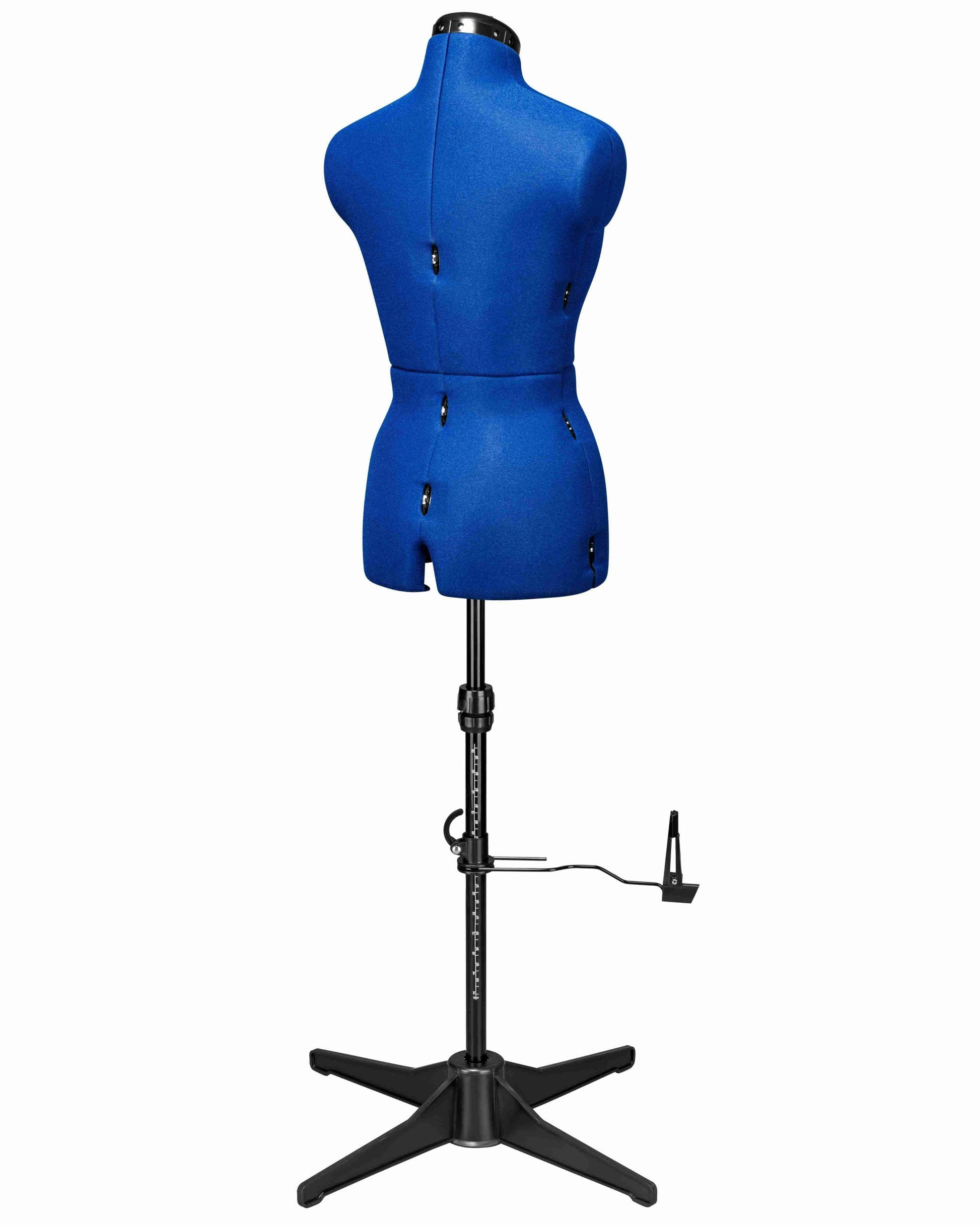 Ansicht der Schneiderpuppe verstellbar MAJESTIQUE MULTI, (Farbe Blau) komplett mit 4-Bein Standfuß, von hinten Seitenansicht, Rückenlängenverstellung geschlossen