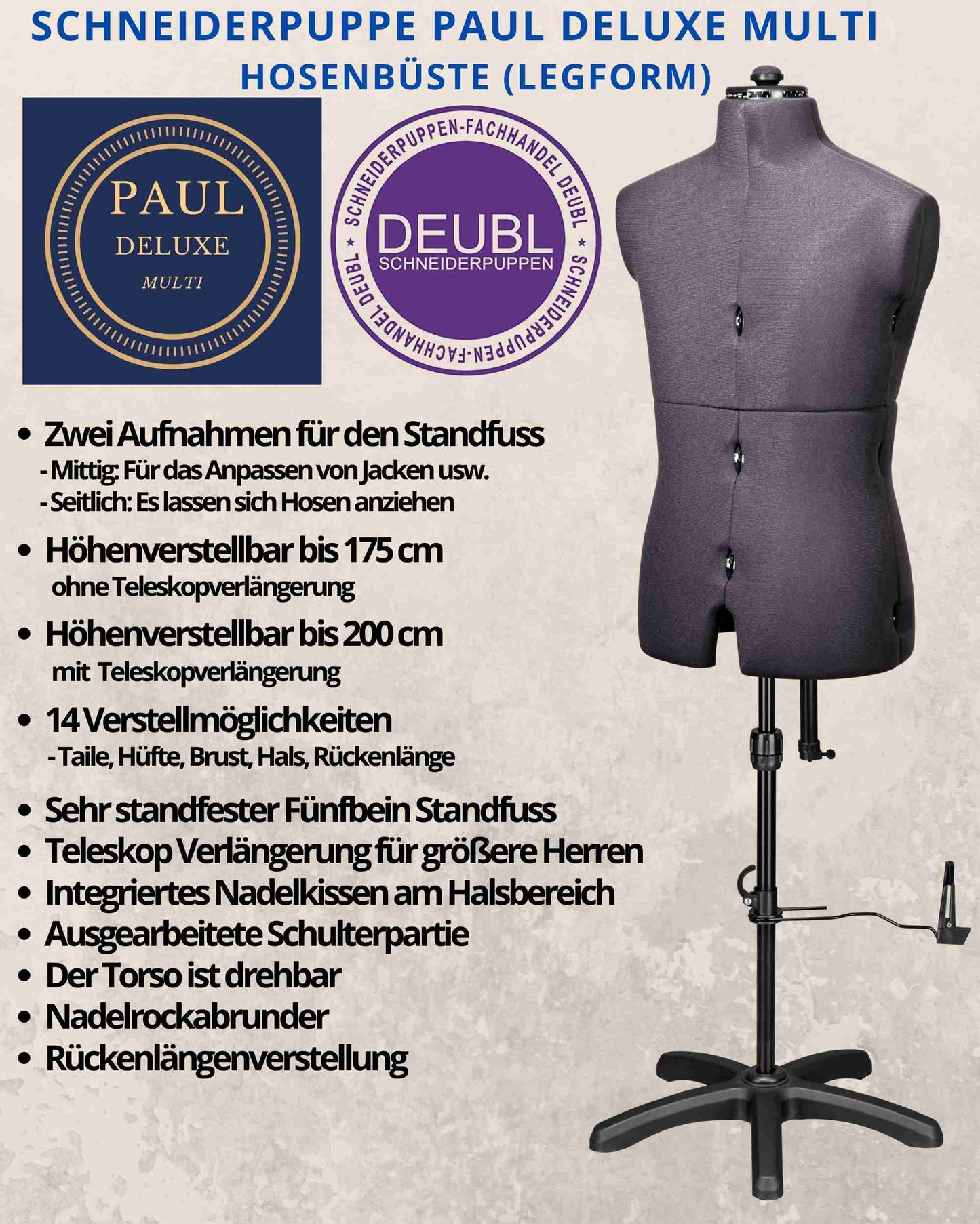 Hosen Schneiderpuppe verstellbar Herr | PAUL | Gr. 48-54 | 8-teilig | 5-Bein Standfuß | Hosen anziehbar | komplett einstellbar