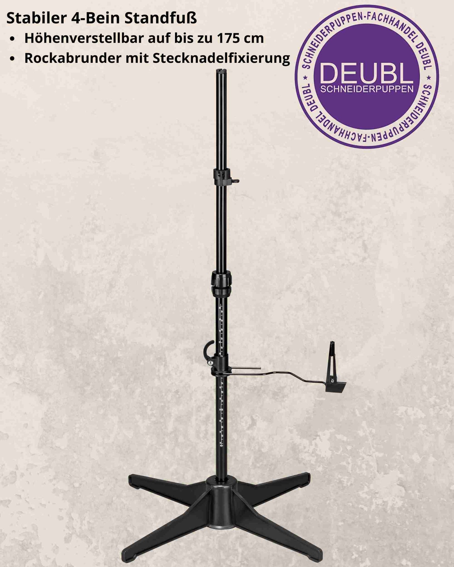 Beschreibung der Funktionsweise des 4-Bein Standfuß der verstellbaren Schneiderpuppe MAJESTIQUE MULTI 